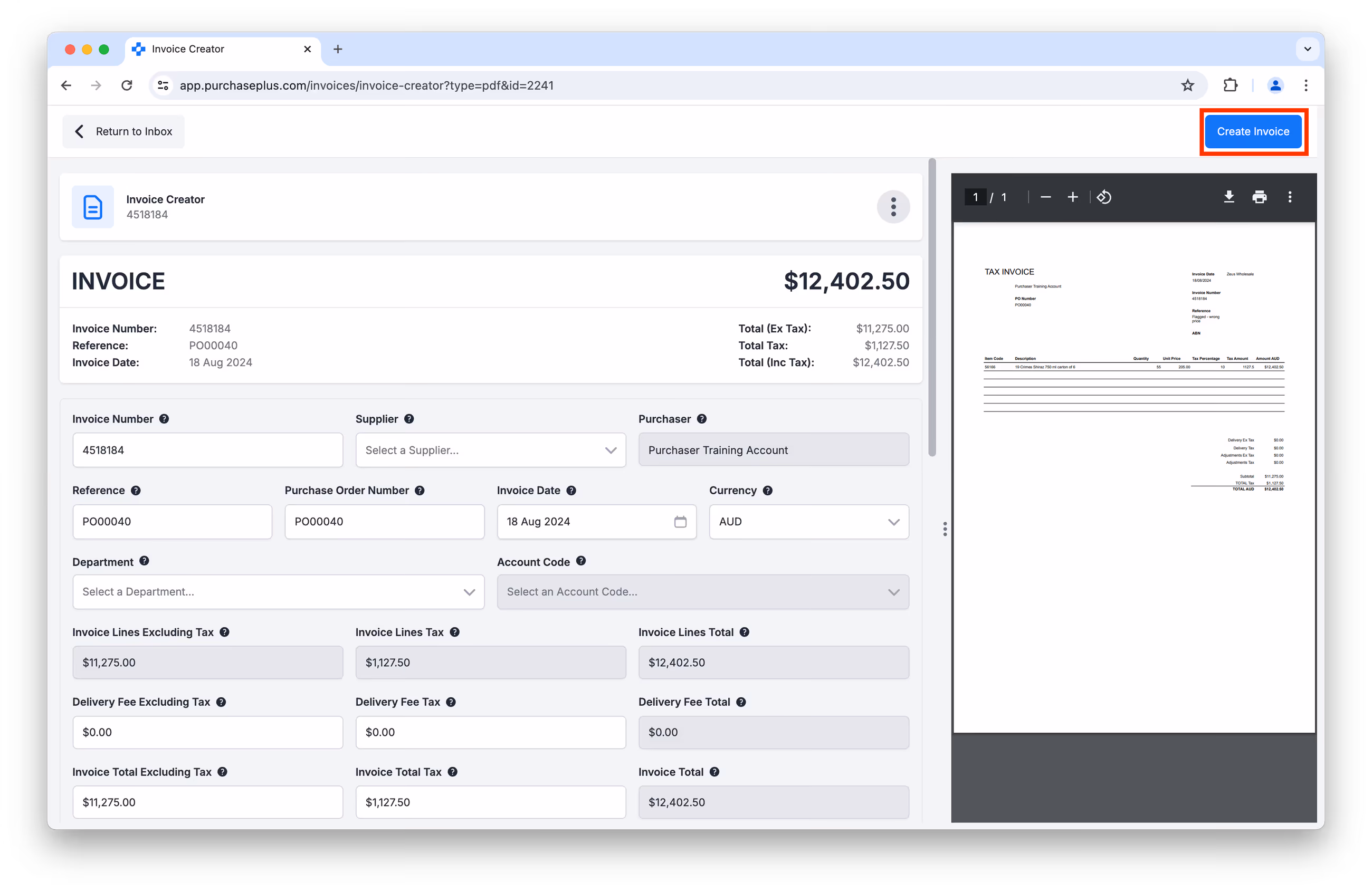 Invoice Creator with Create Invoice highlighted next to a PDF preview