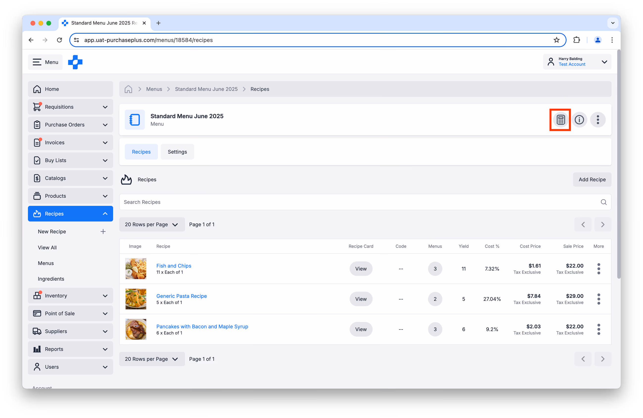 Menu recipes screen with the calculate menu costs button highlighted