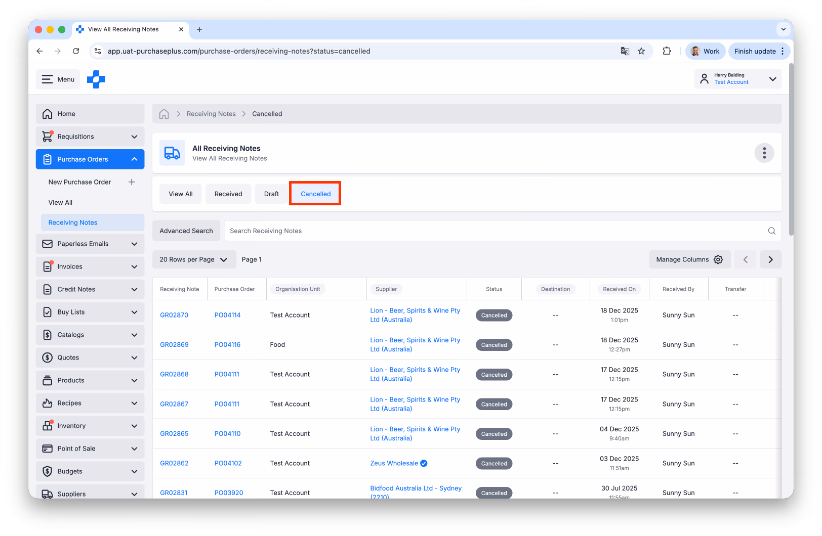 Receiving Notes page filtered to Cancelled status