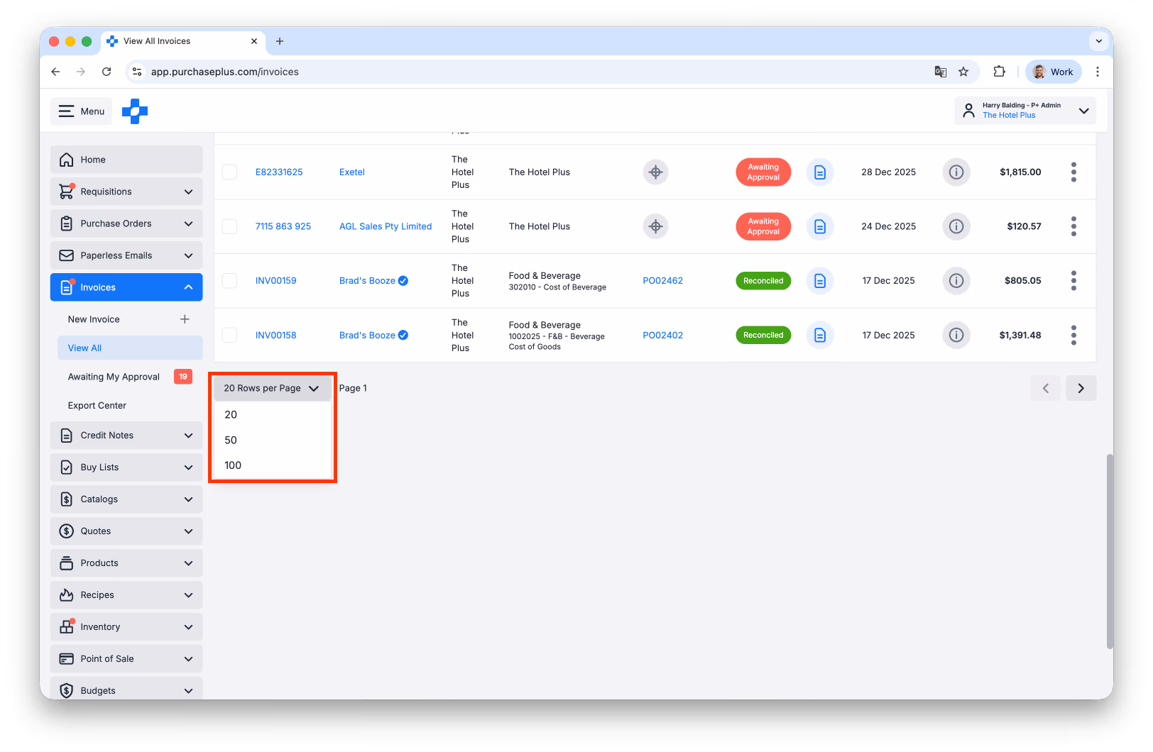 All Invoices table with Rows per Page pagination options open