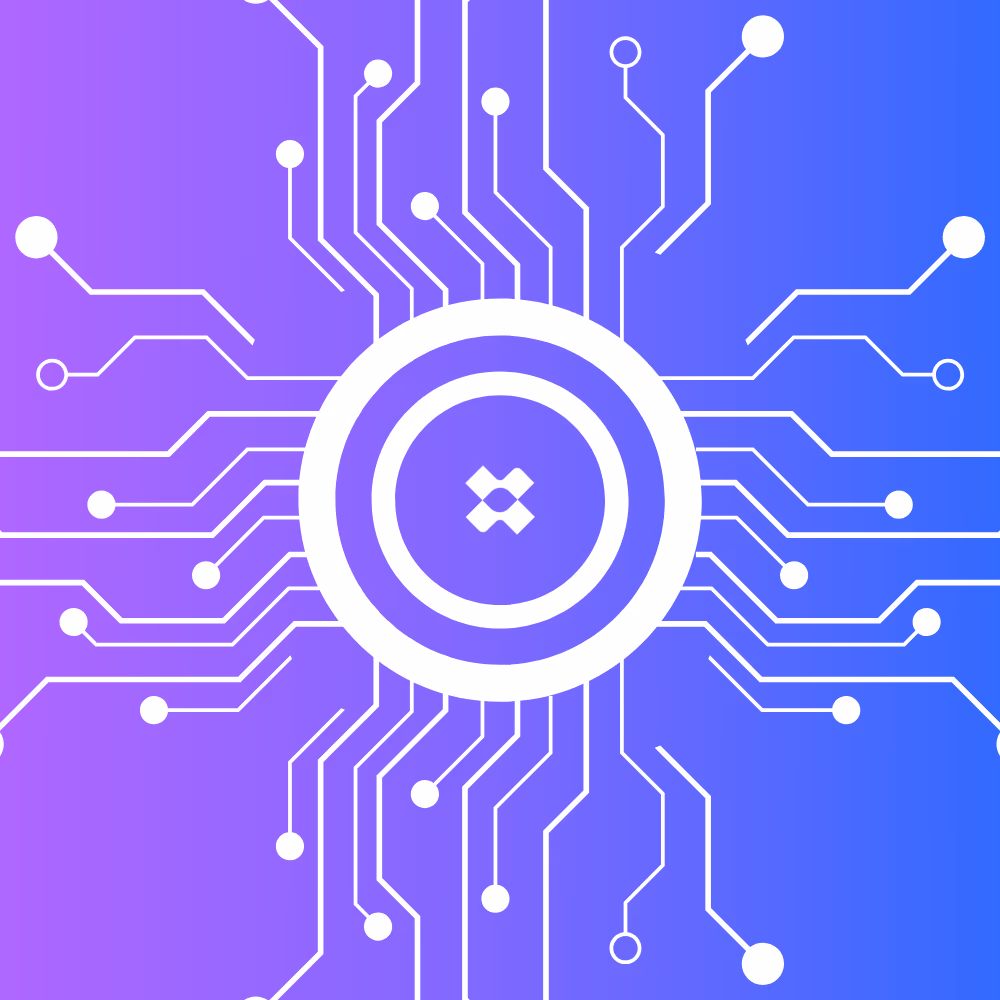Circuit board graphic with central node on a blue-purple gradient