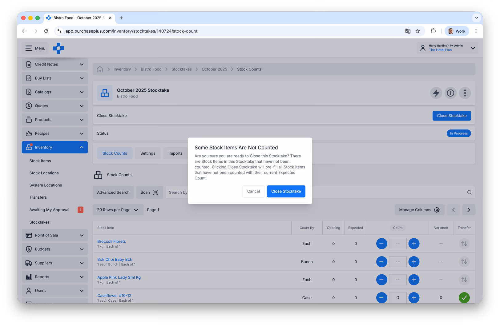 Warning modal to close a stocktake with uncounted items