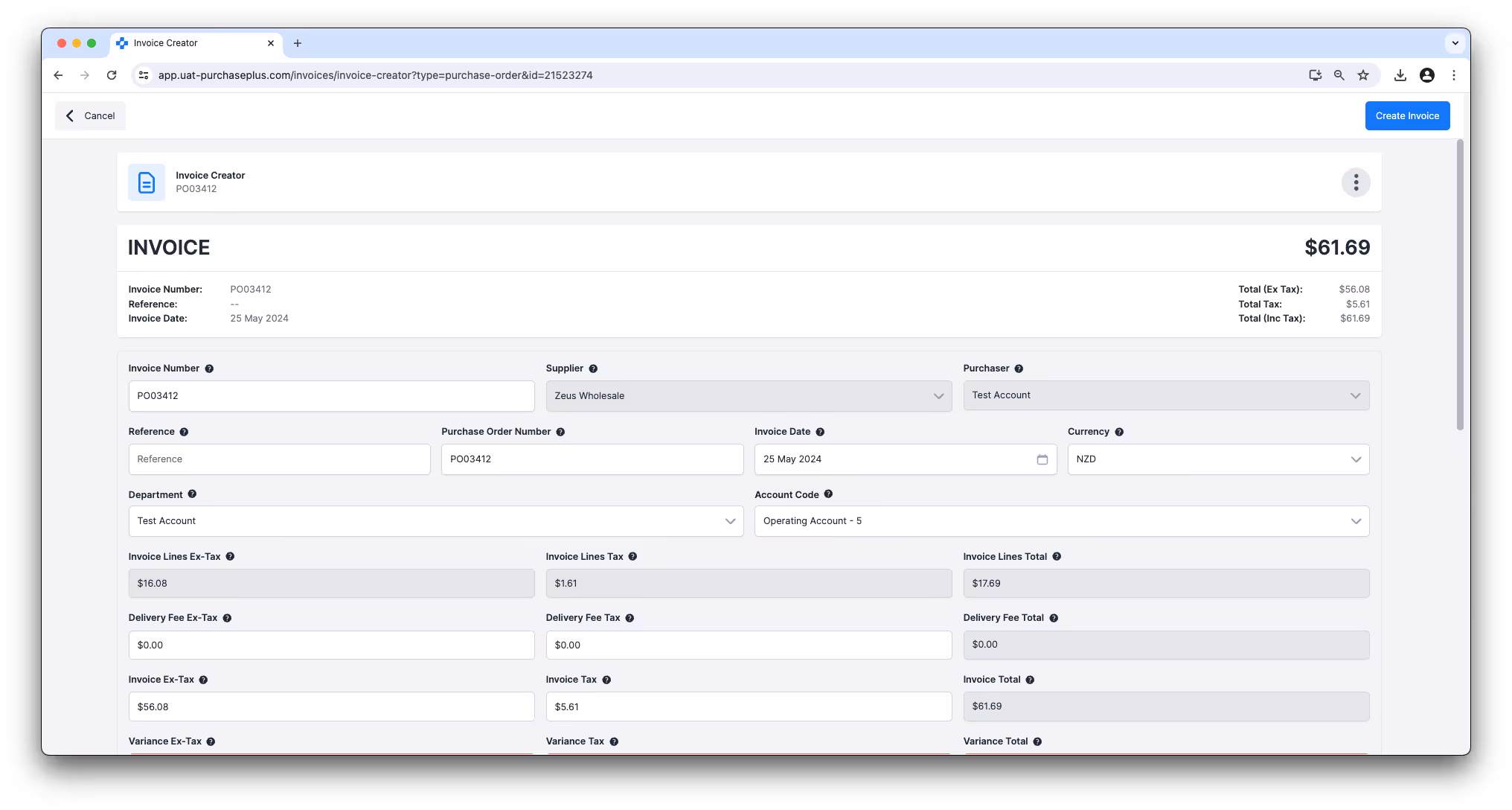 Invoice Creator form showing totals before creating an invoice from a document