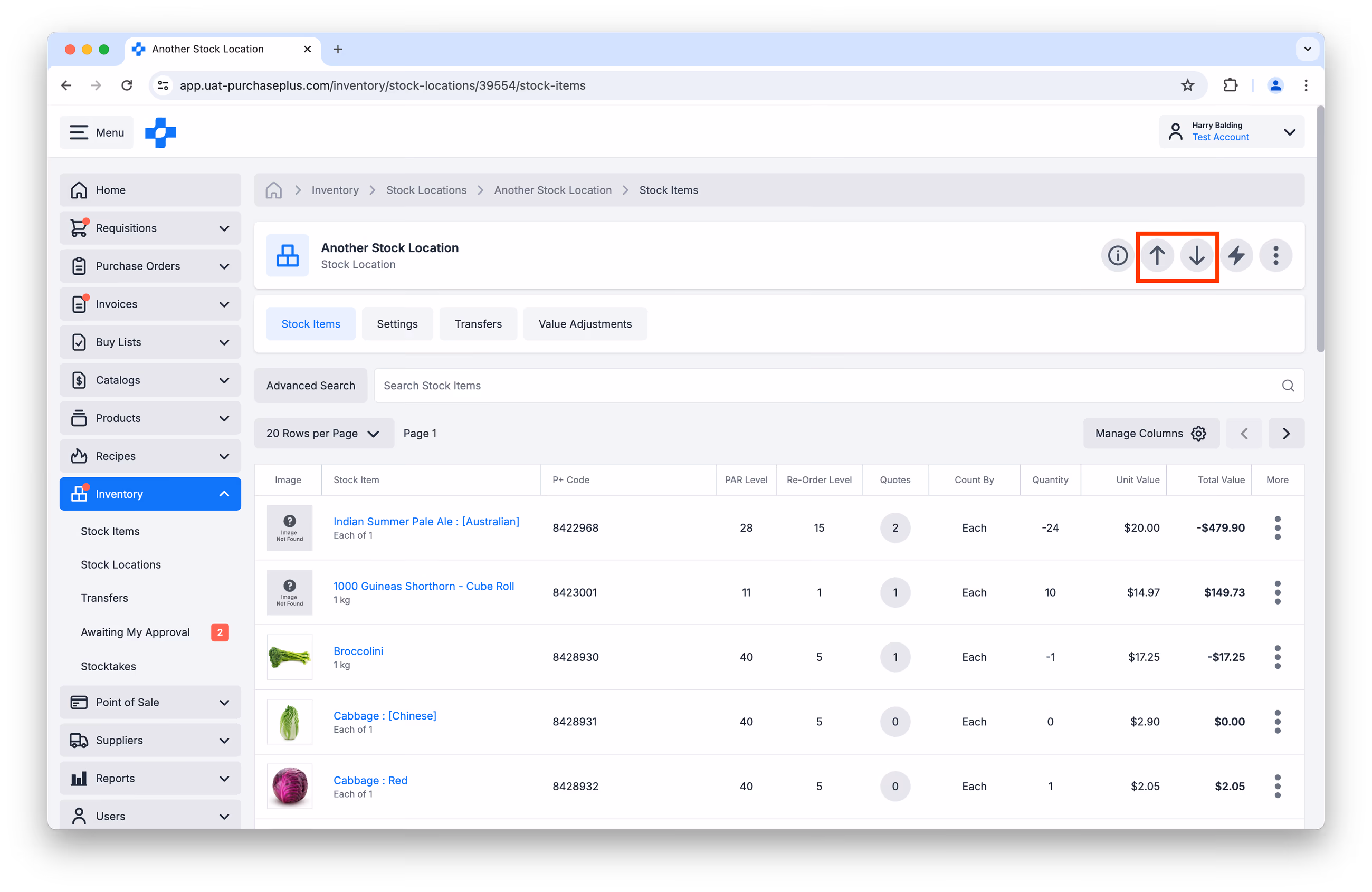Stock location stock items view with transfer import and export actions