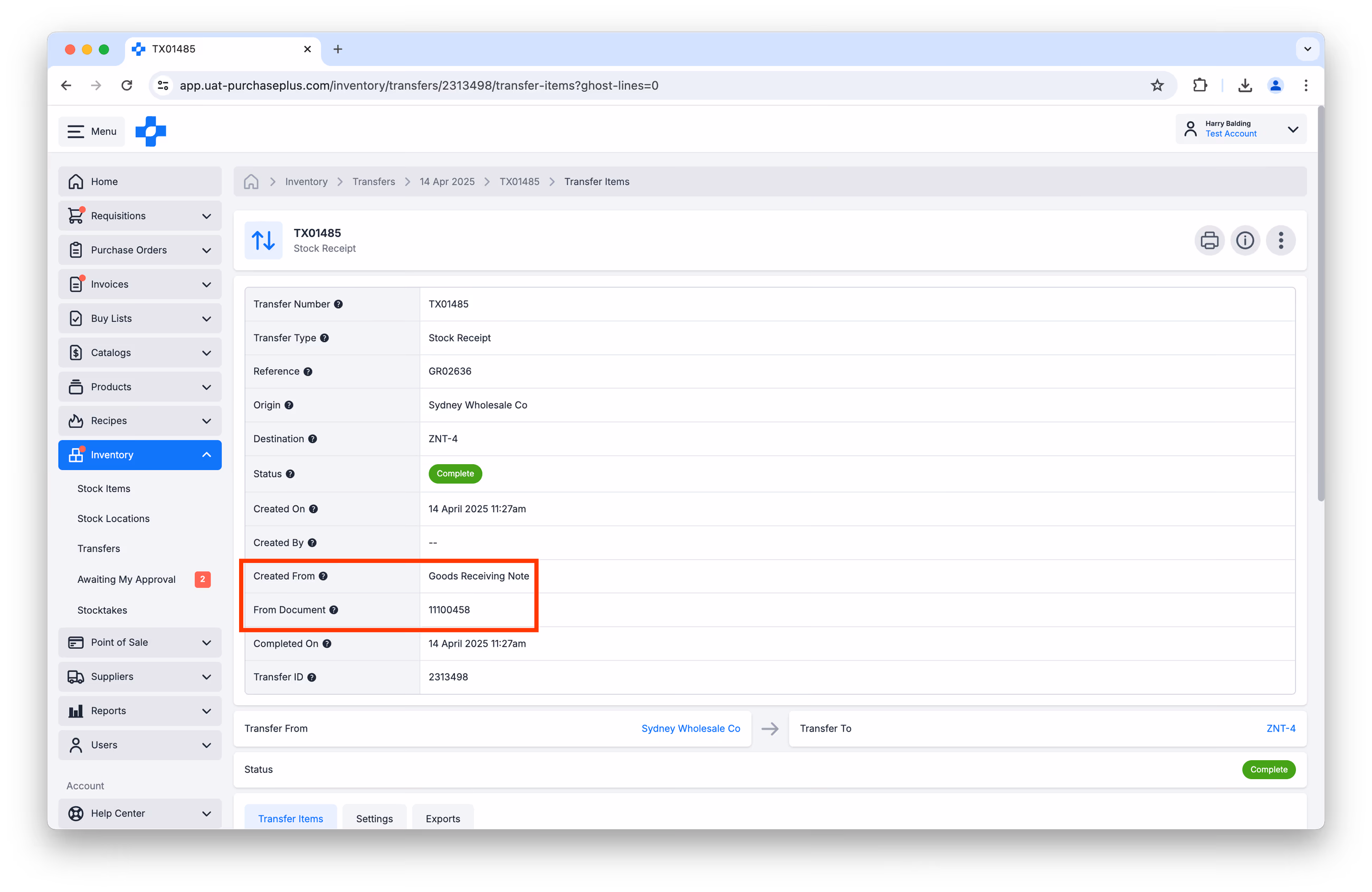 Transfer Created From and Created By values