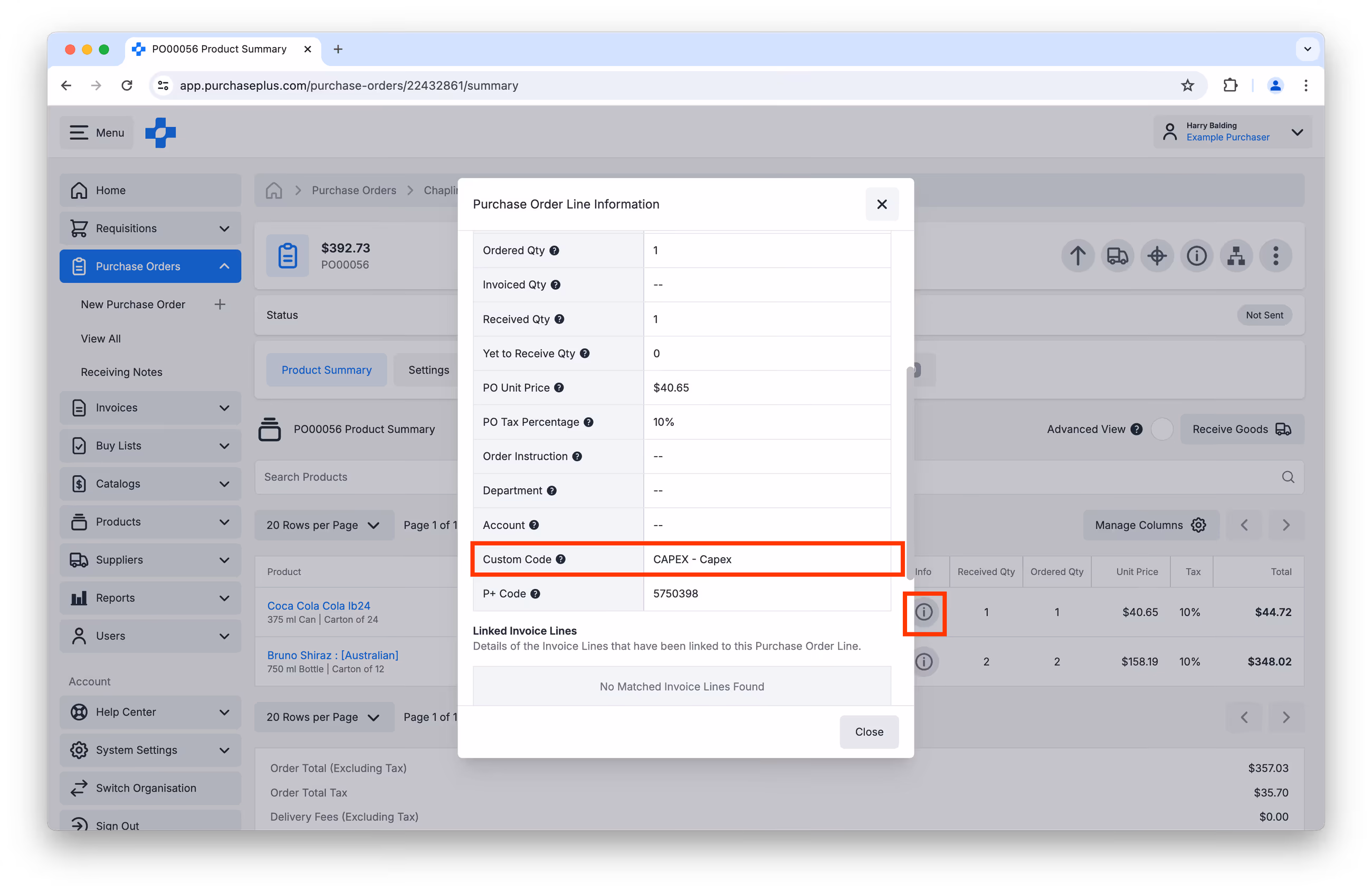 Purchase Order Line Information modal highlighting the Custom Code field
