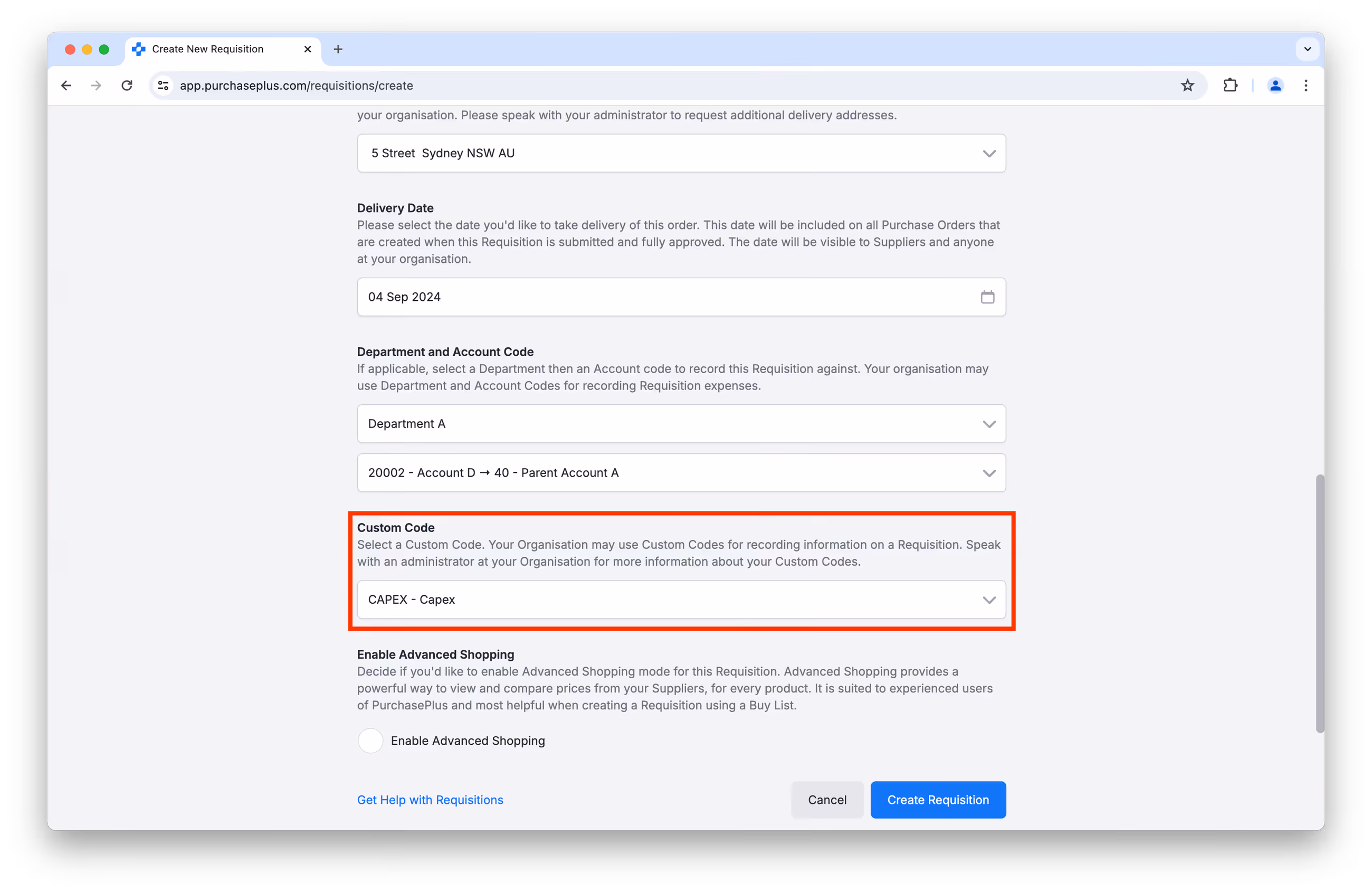 Create New Requisition form with Custom Code dropdown highlighted