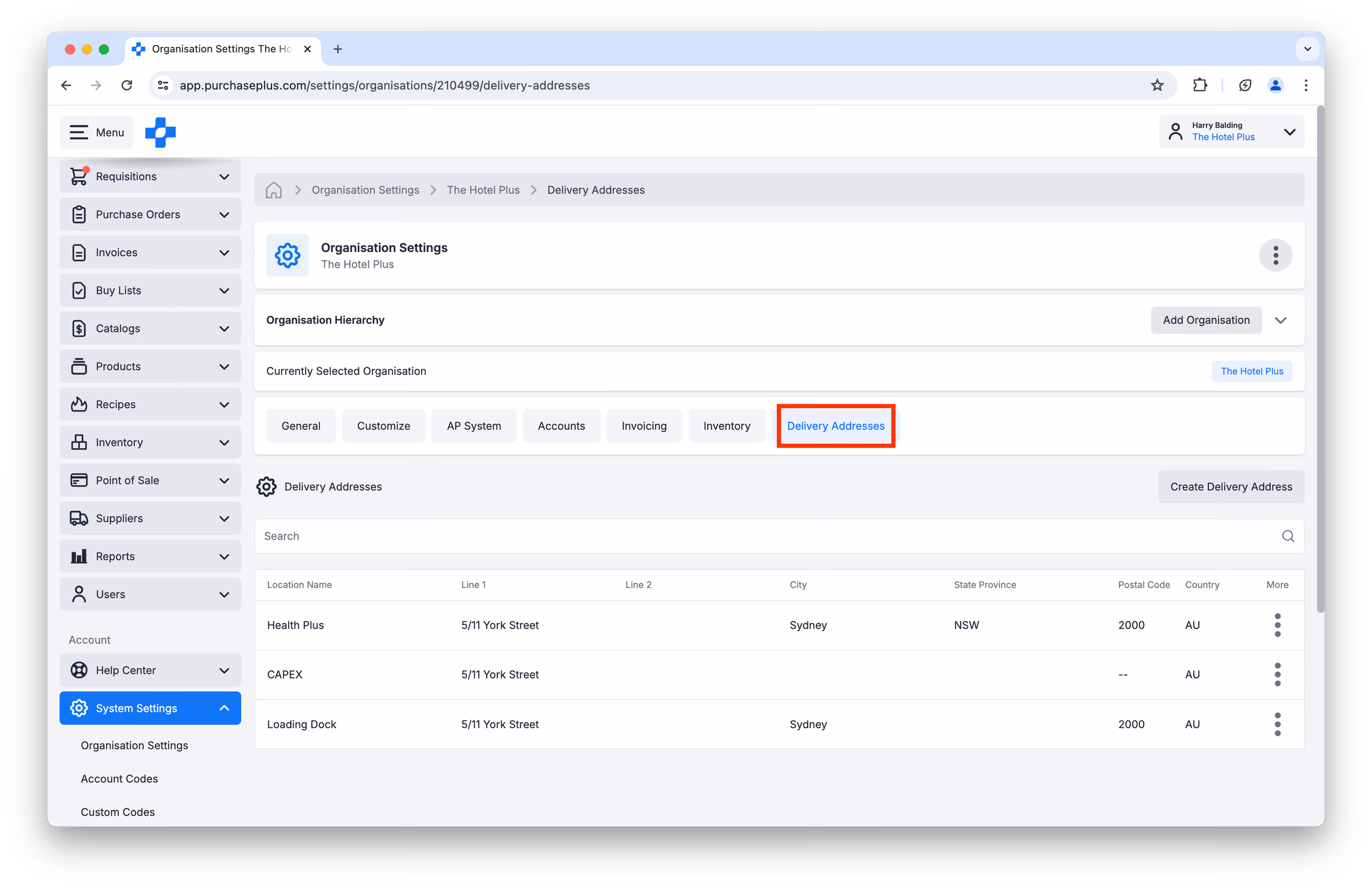 Delivery Addresses in System Settings