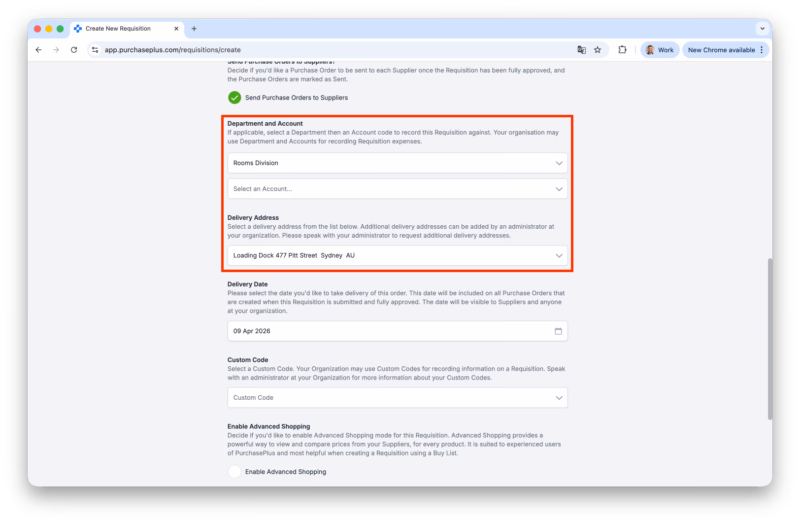 Create New Requisition form highlighting department and delivery address fields