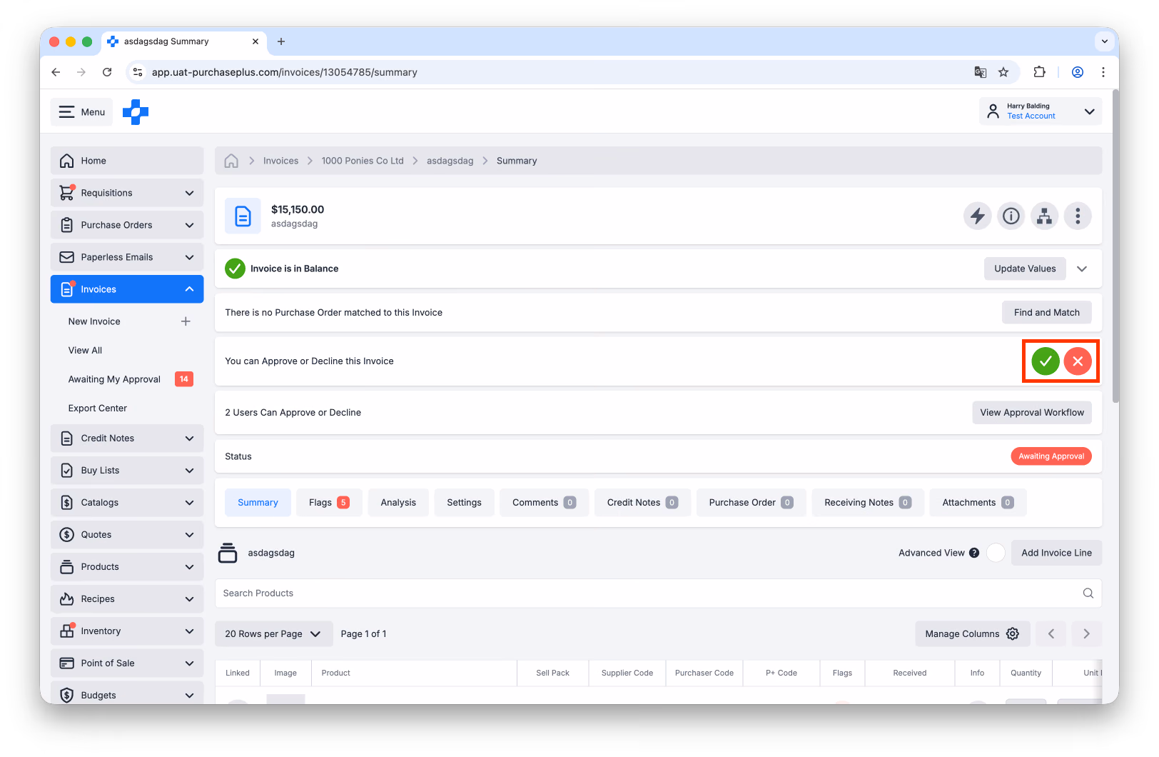 Approve and Decline buttons on an Invoice