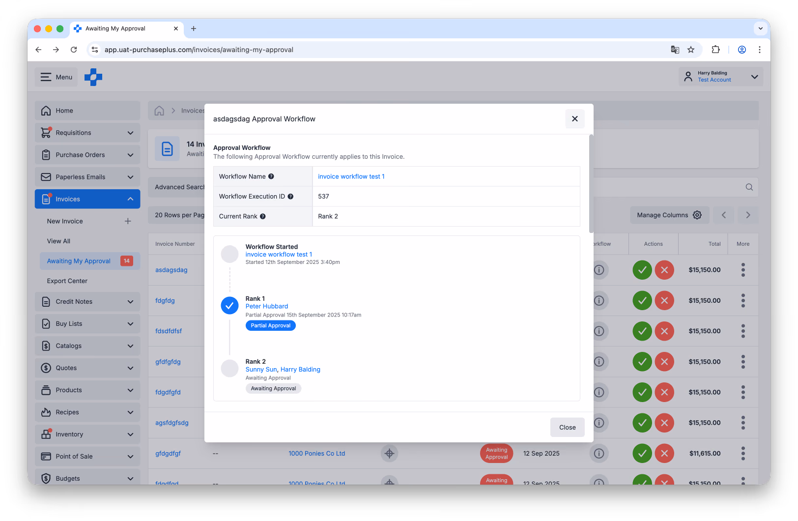 View Invoice Approval Workflow modal