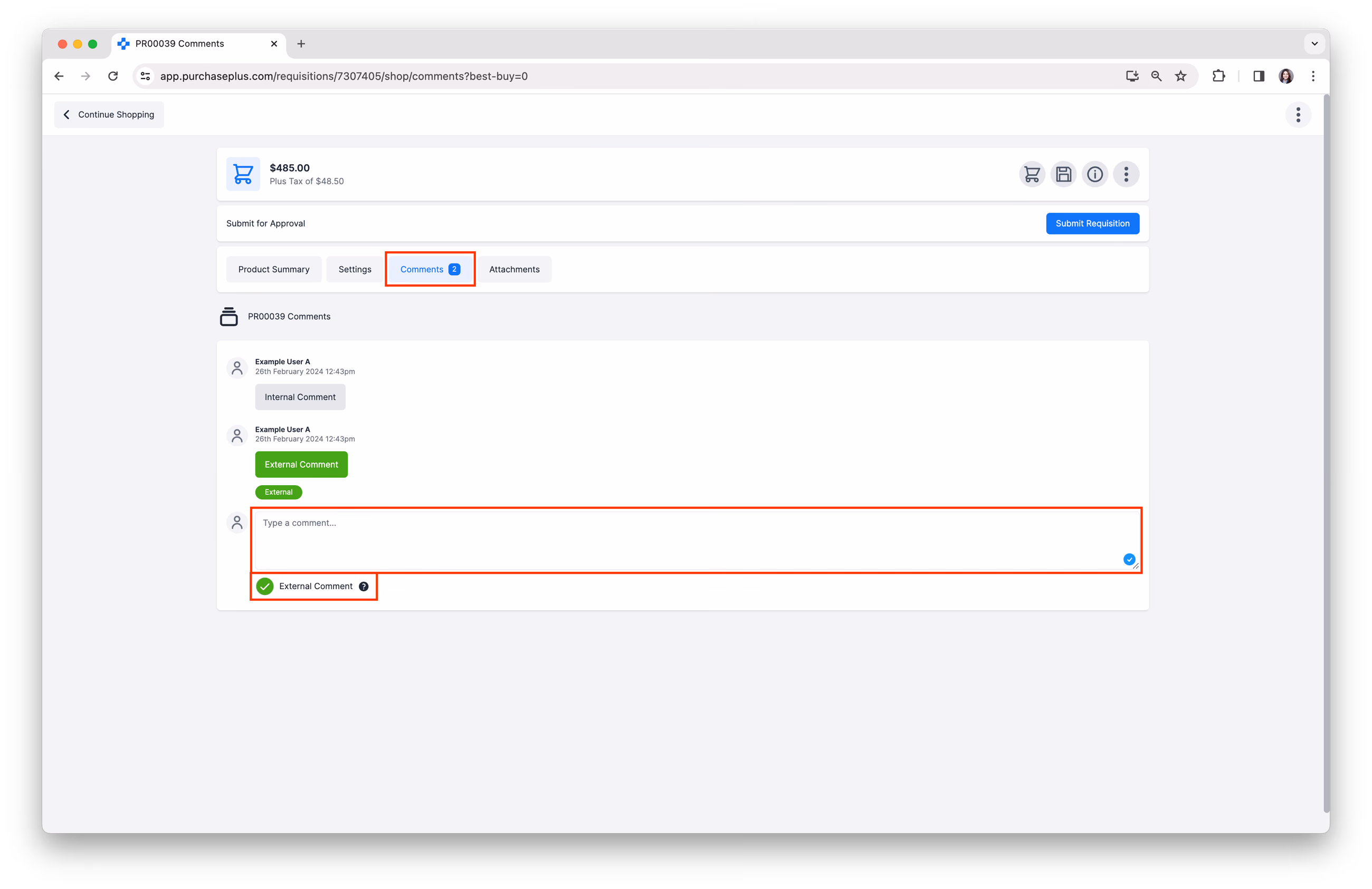 Requisition Comments tab