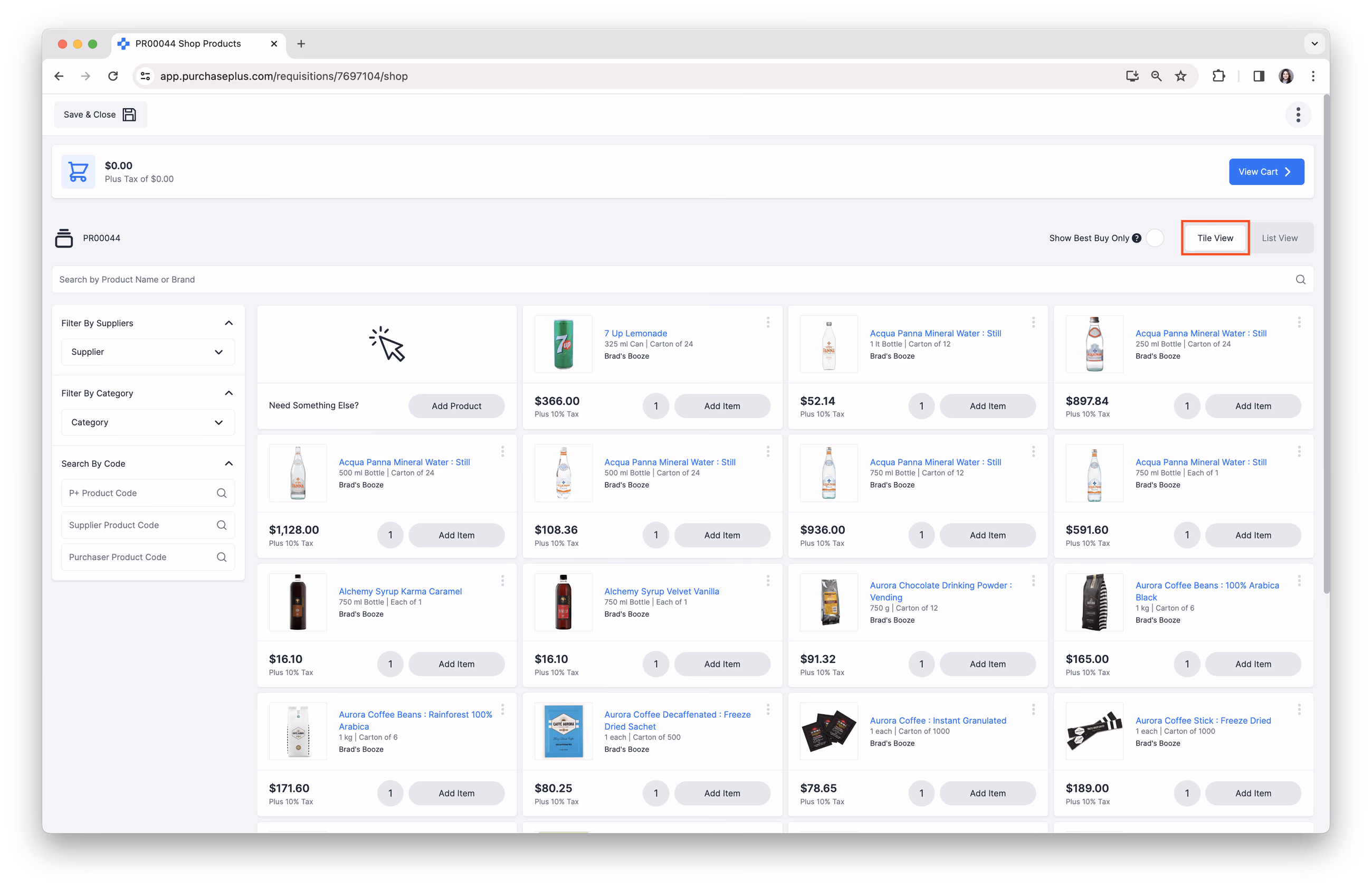 Choose Tile View in Basic Shopping