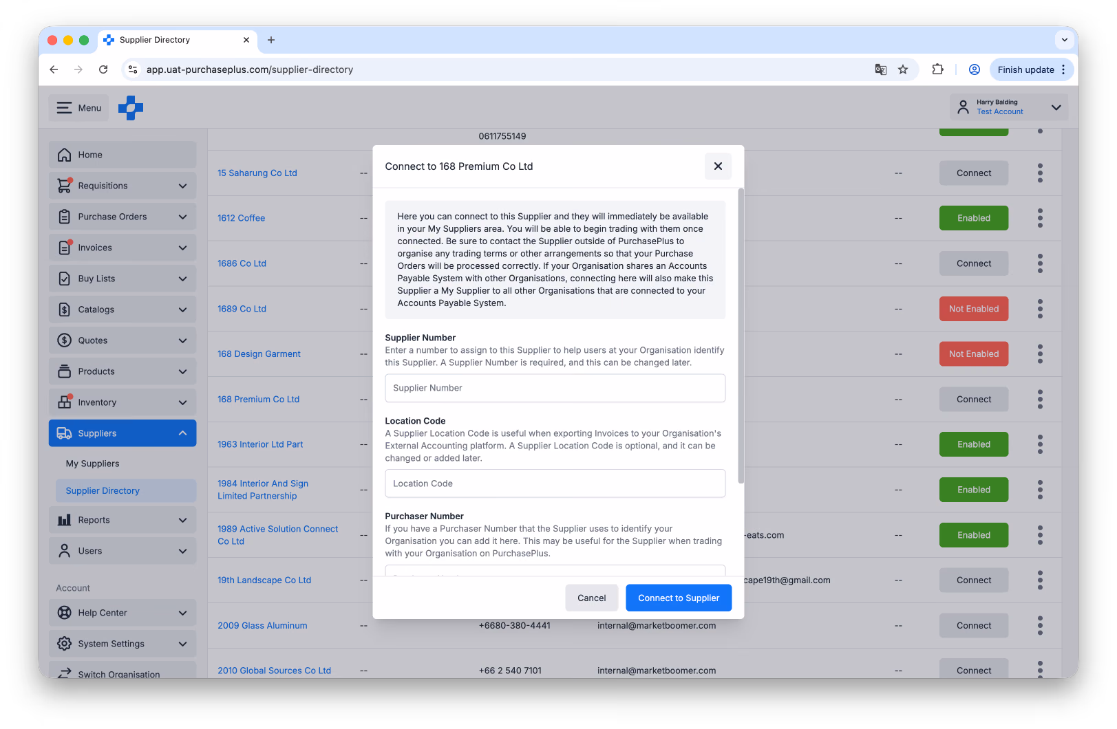 Connect to Registered Supplier form