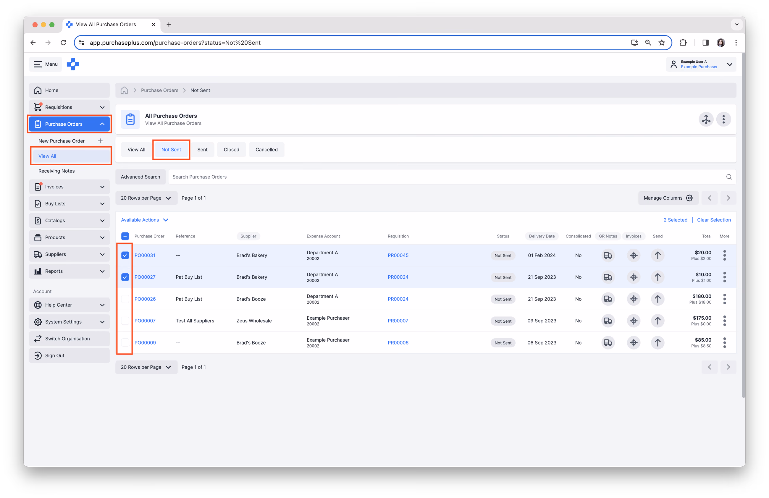 Select checkbox to consolidate Purchase Orders