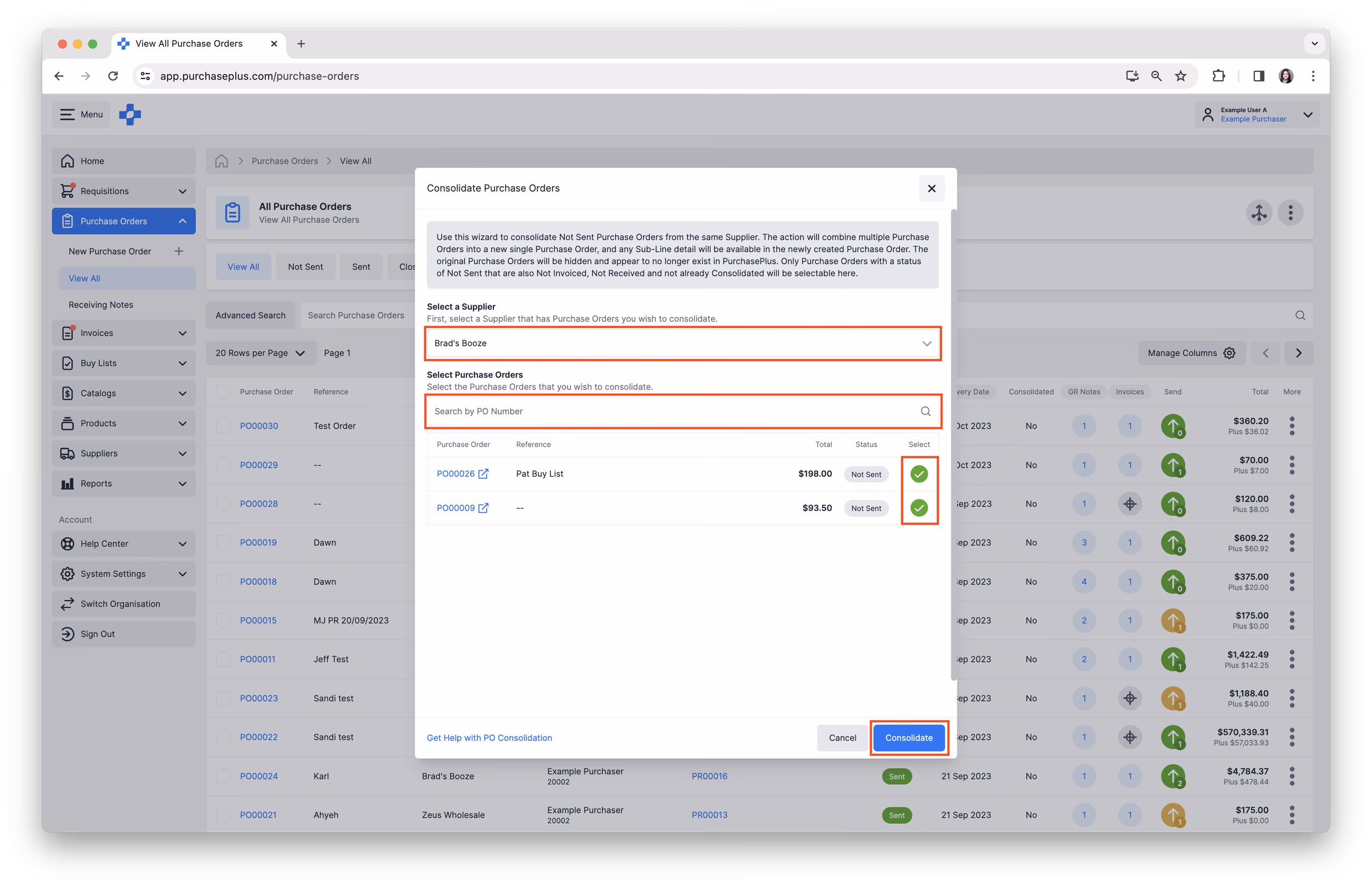 Select Purchase Orders to consolidate