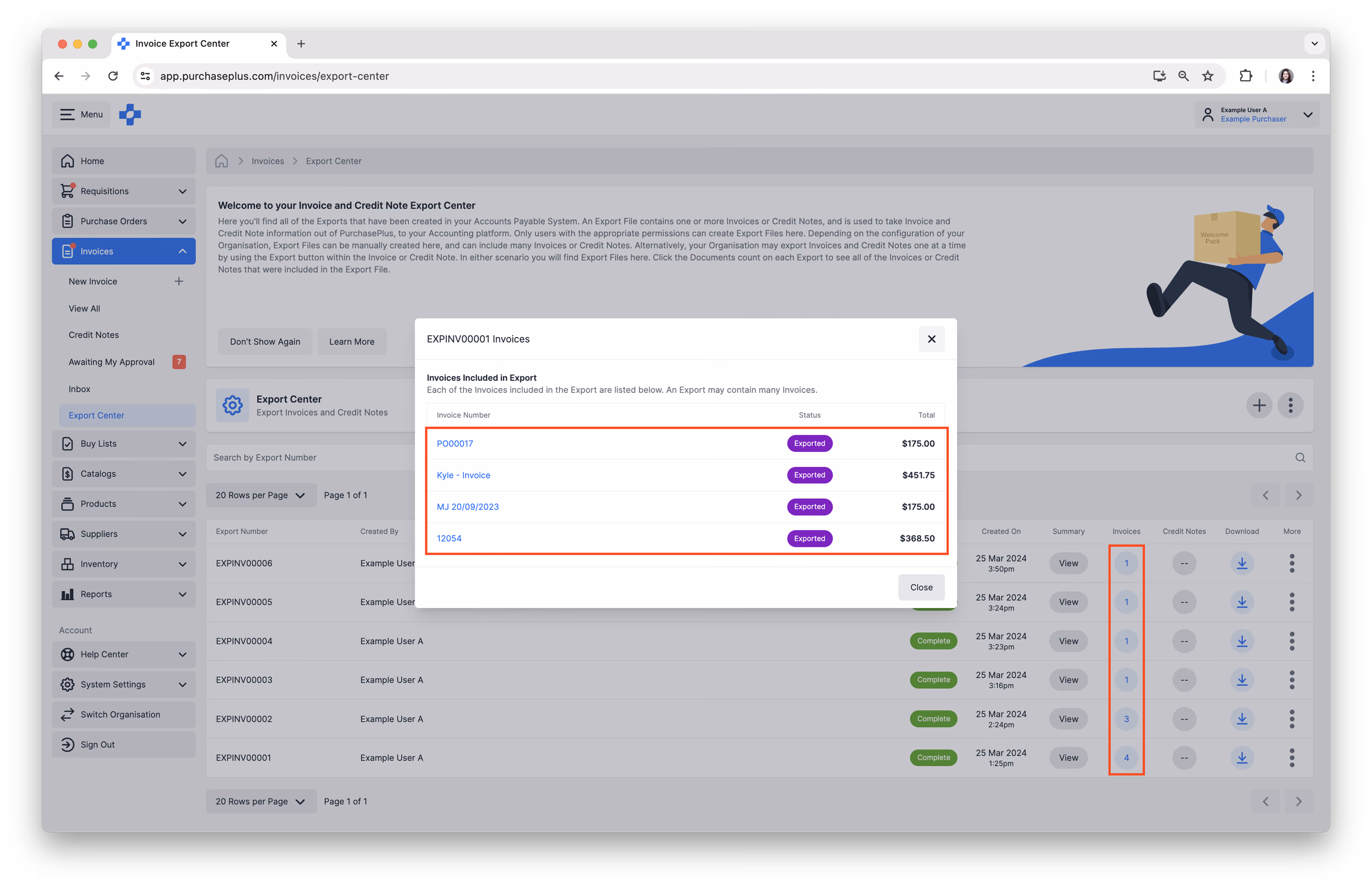 View Invoices included in Export