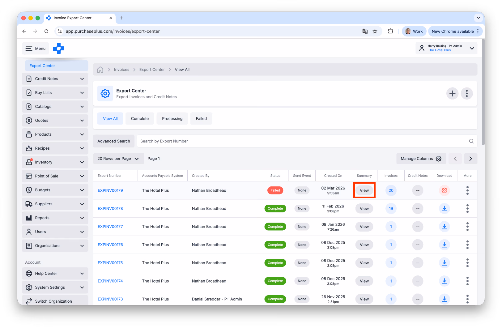 Export Summary View button