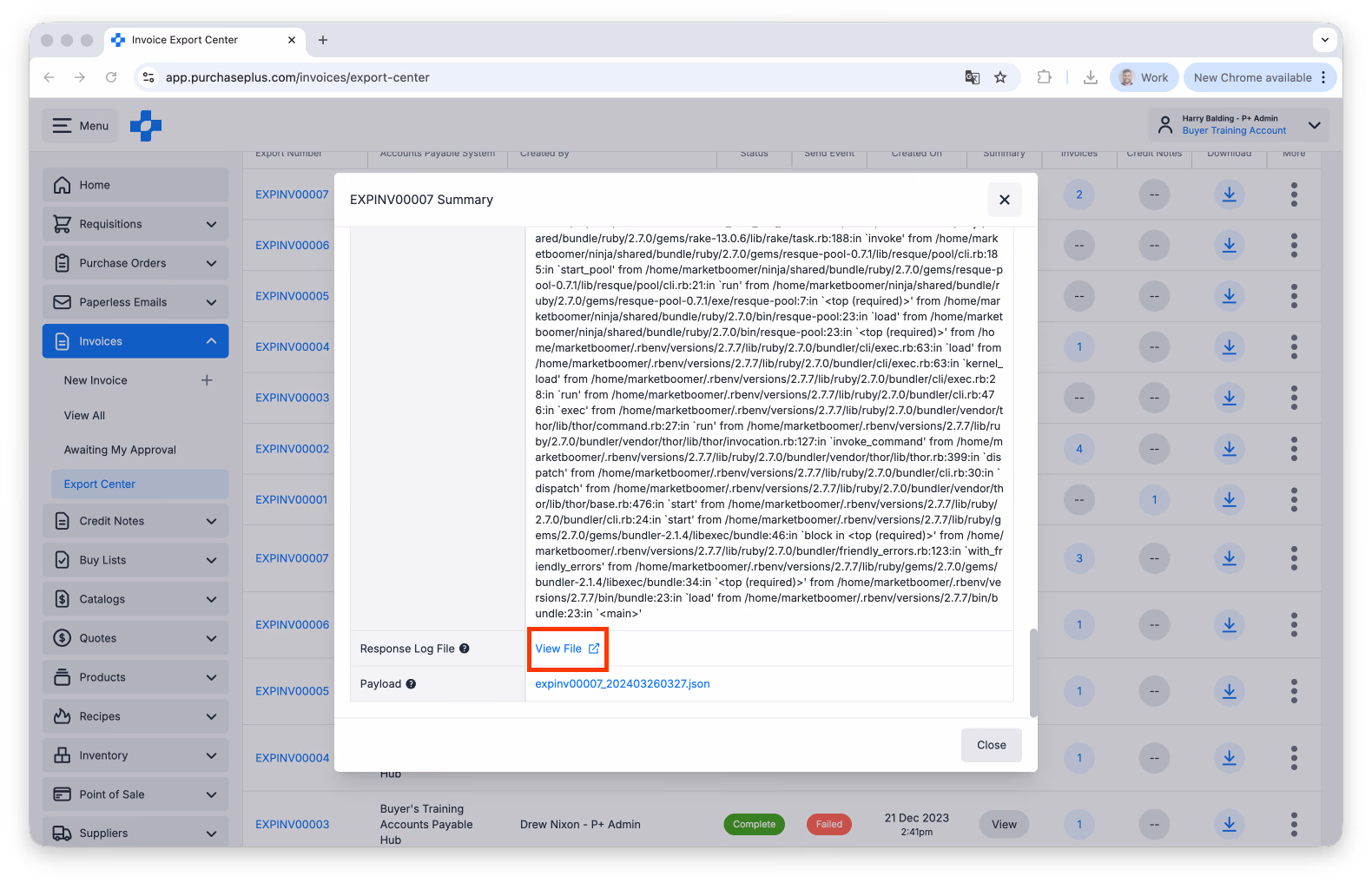 Response Log File on a failed export