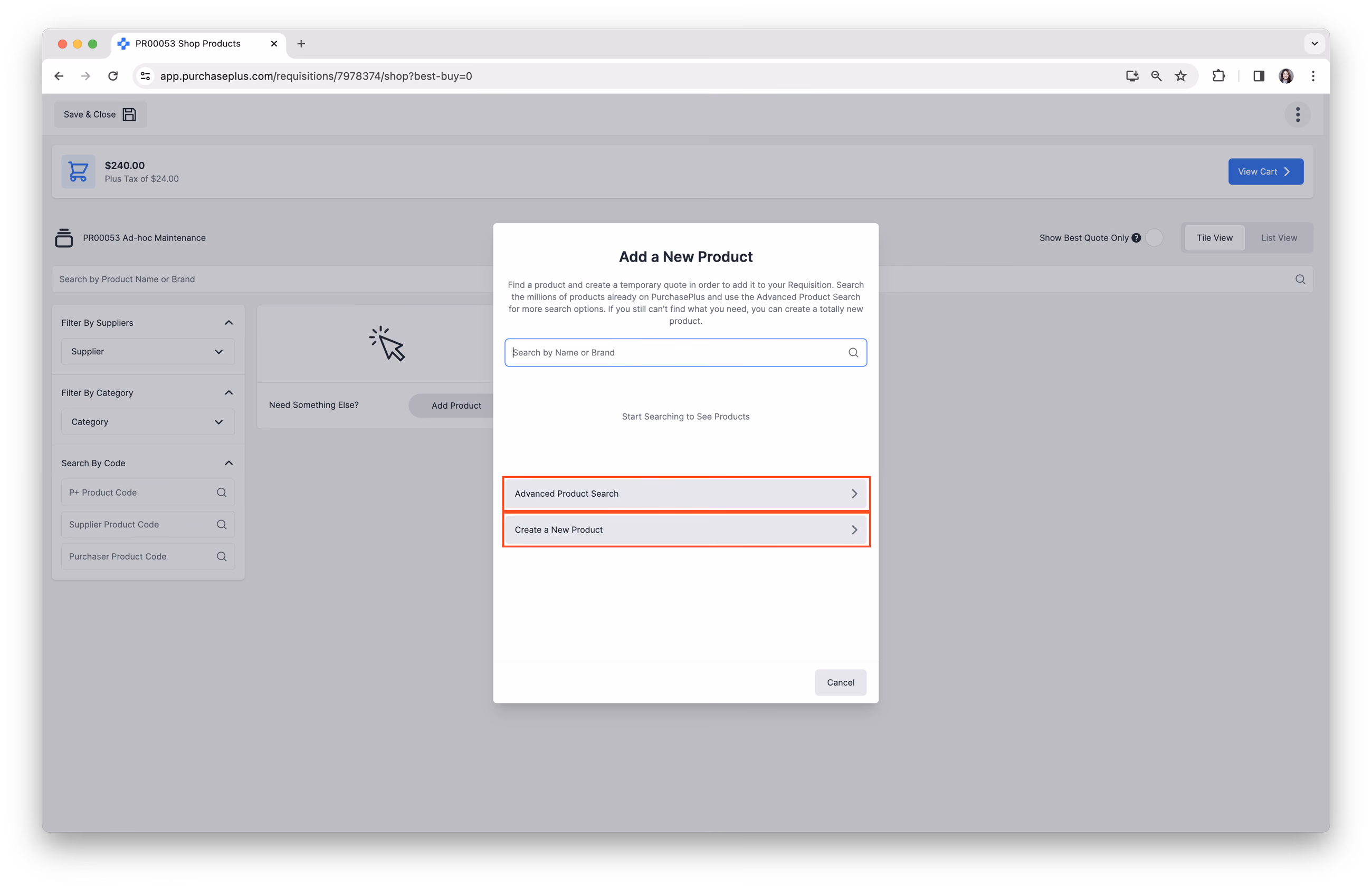 Create a New Product or Advanced Search