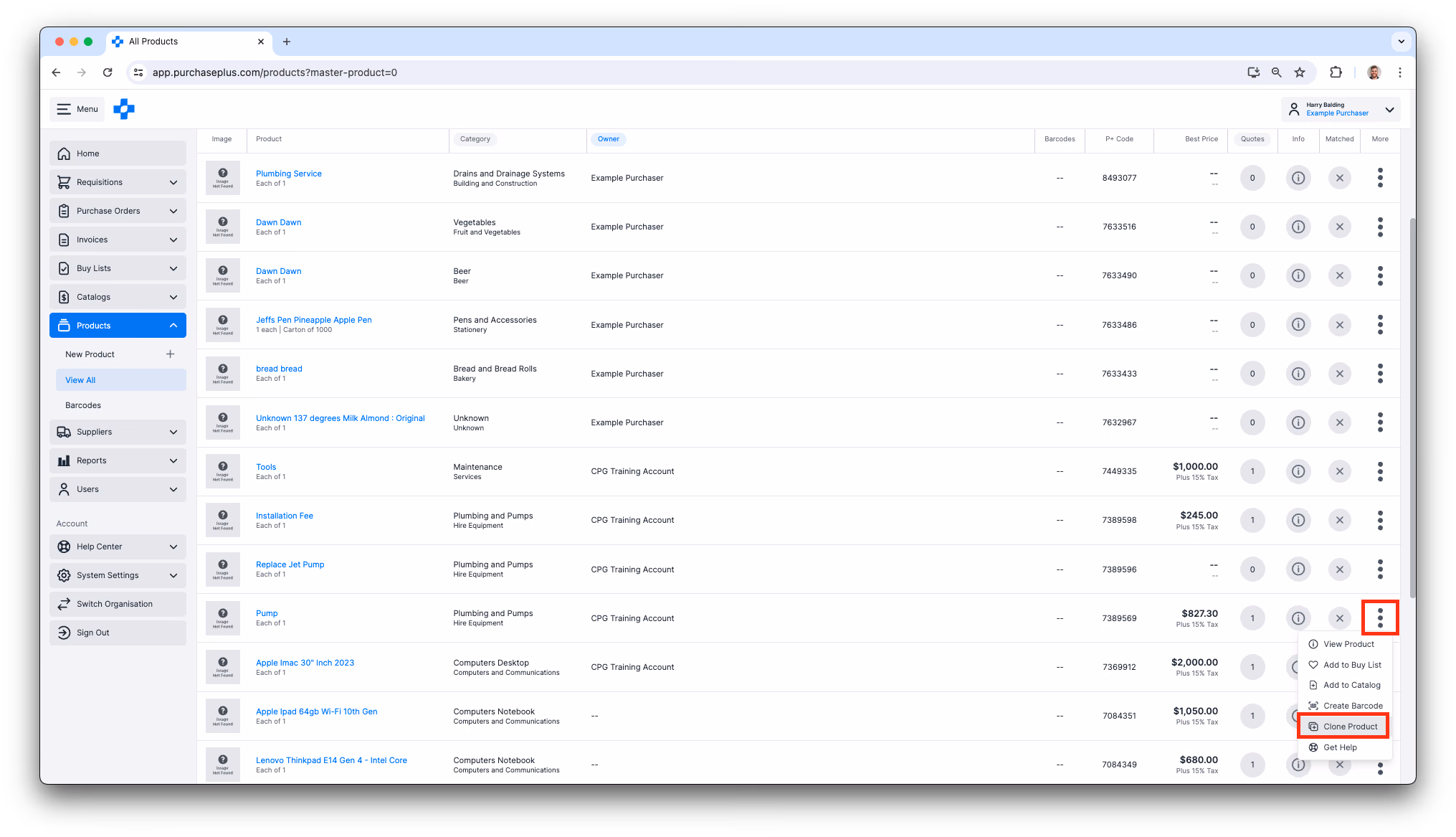 how to clone a product in purchaseplus