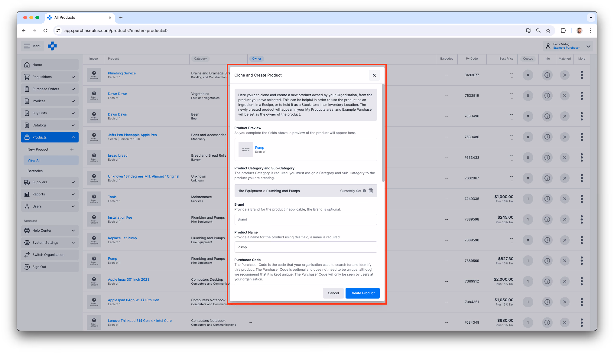 Clone Product modal