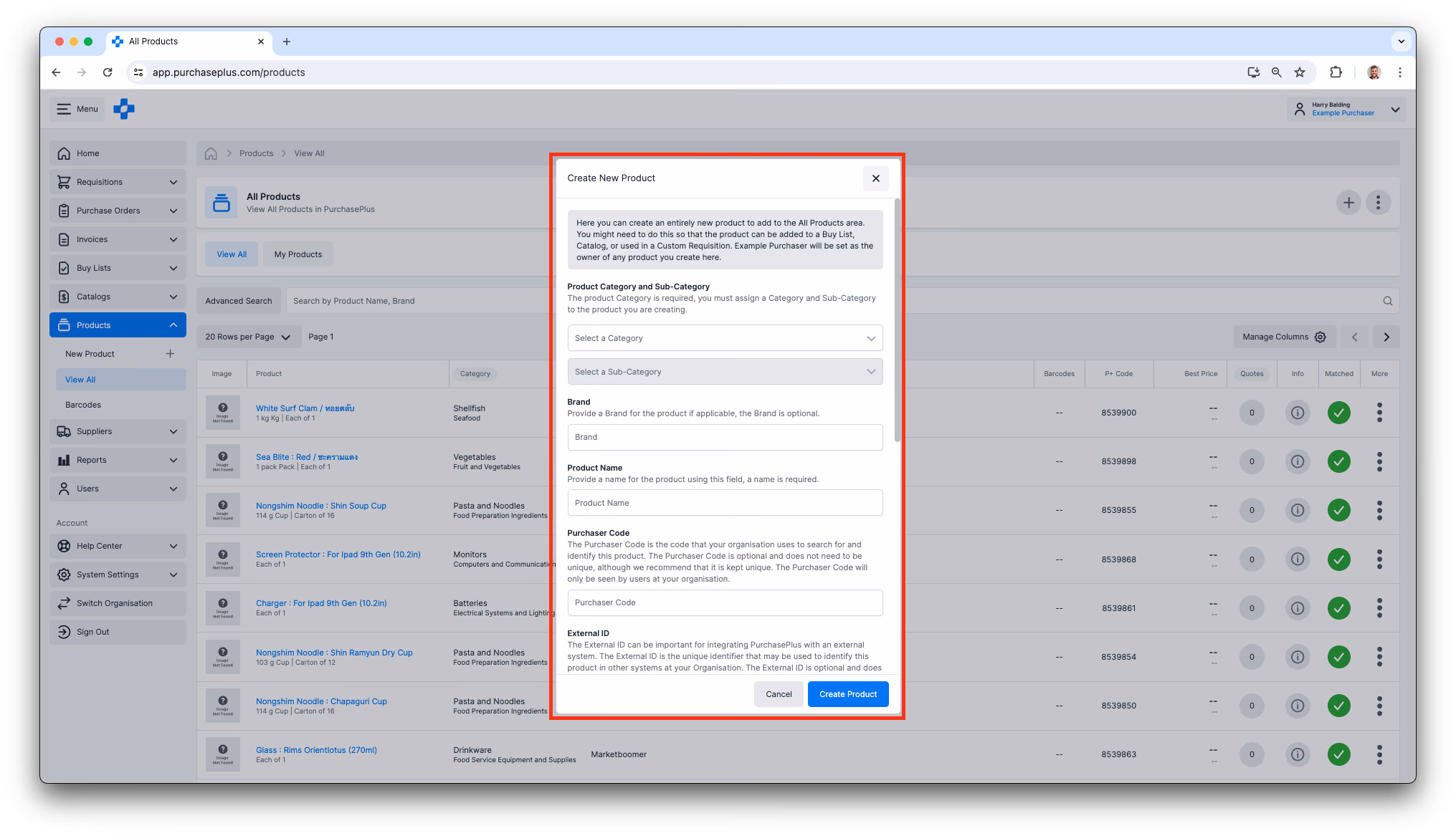 Adding a new product in PurchasePlus