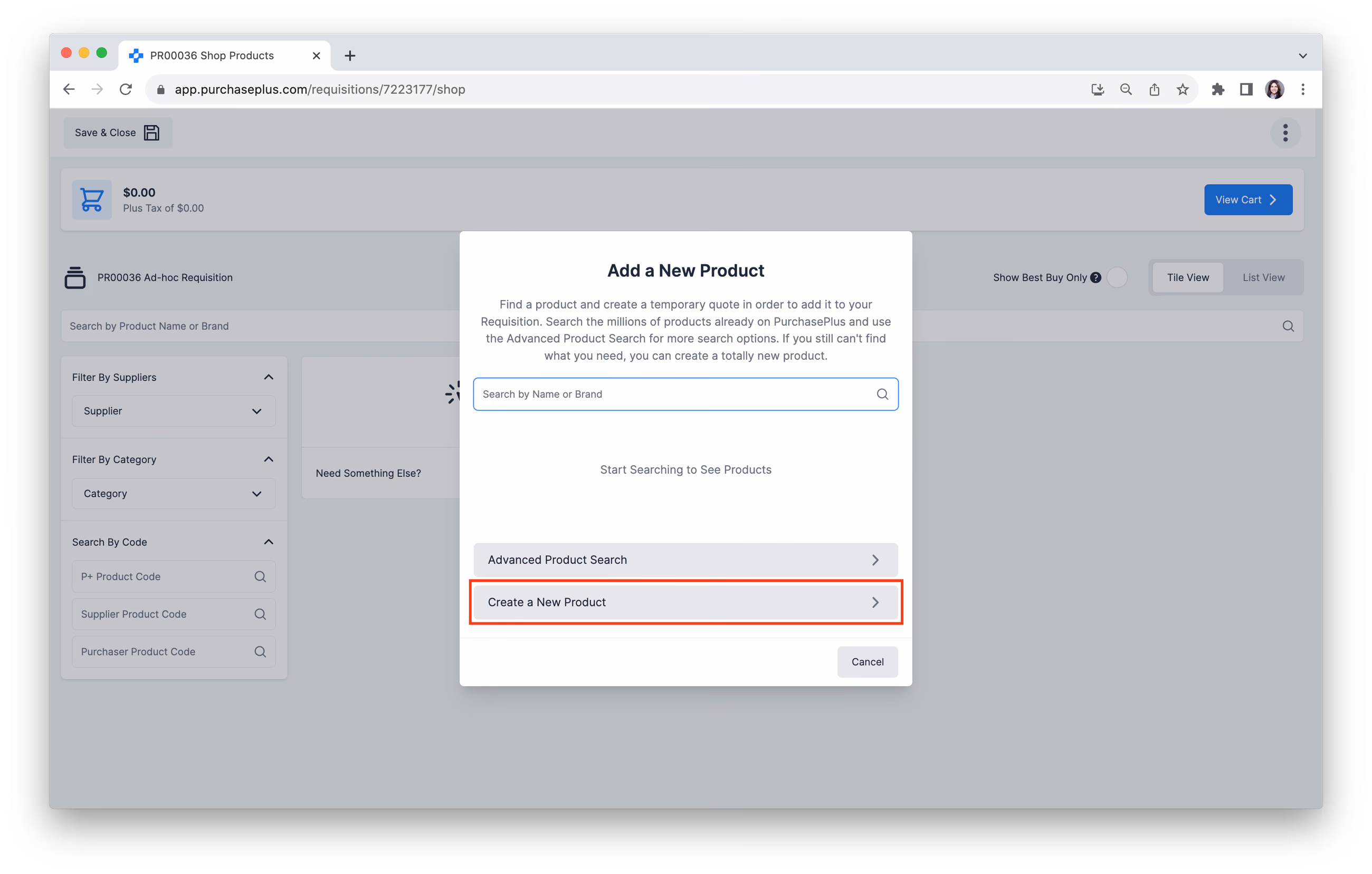 Creating a New Product from a Requisition in PurchasePlus