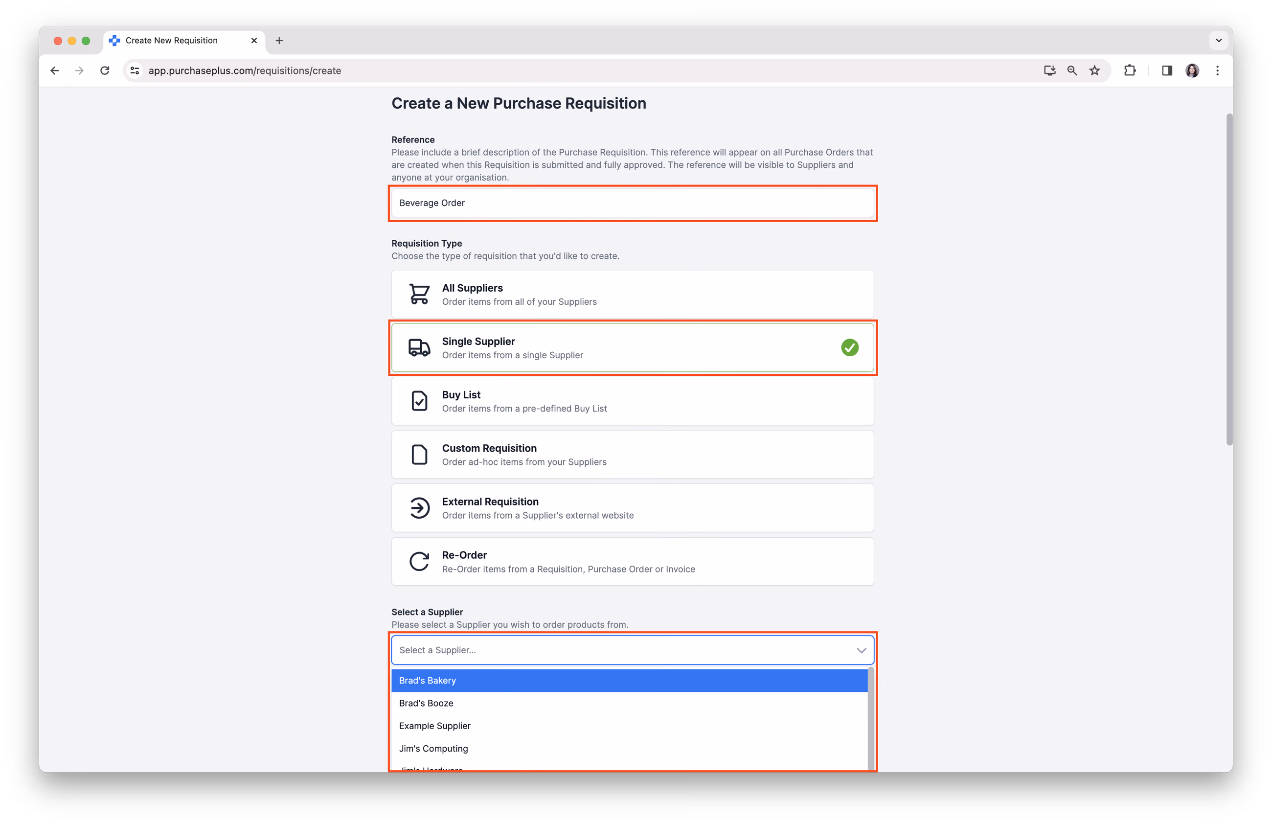Select Single Supplier Requisition