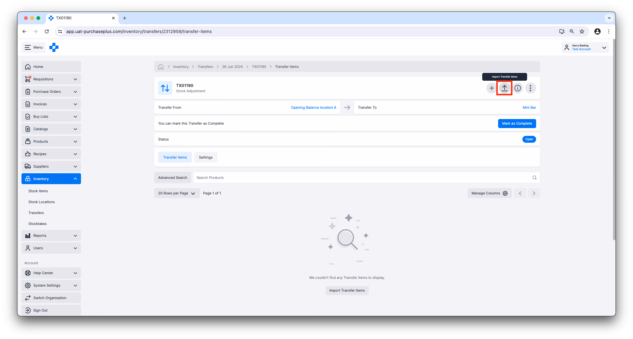 Schaltfläche „Umbuchungspositionen importieren“