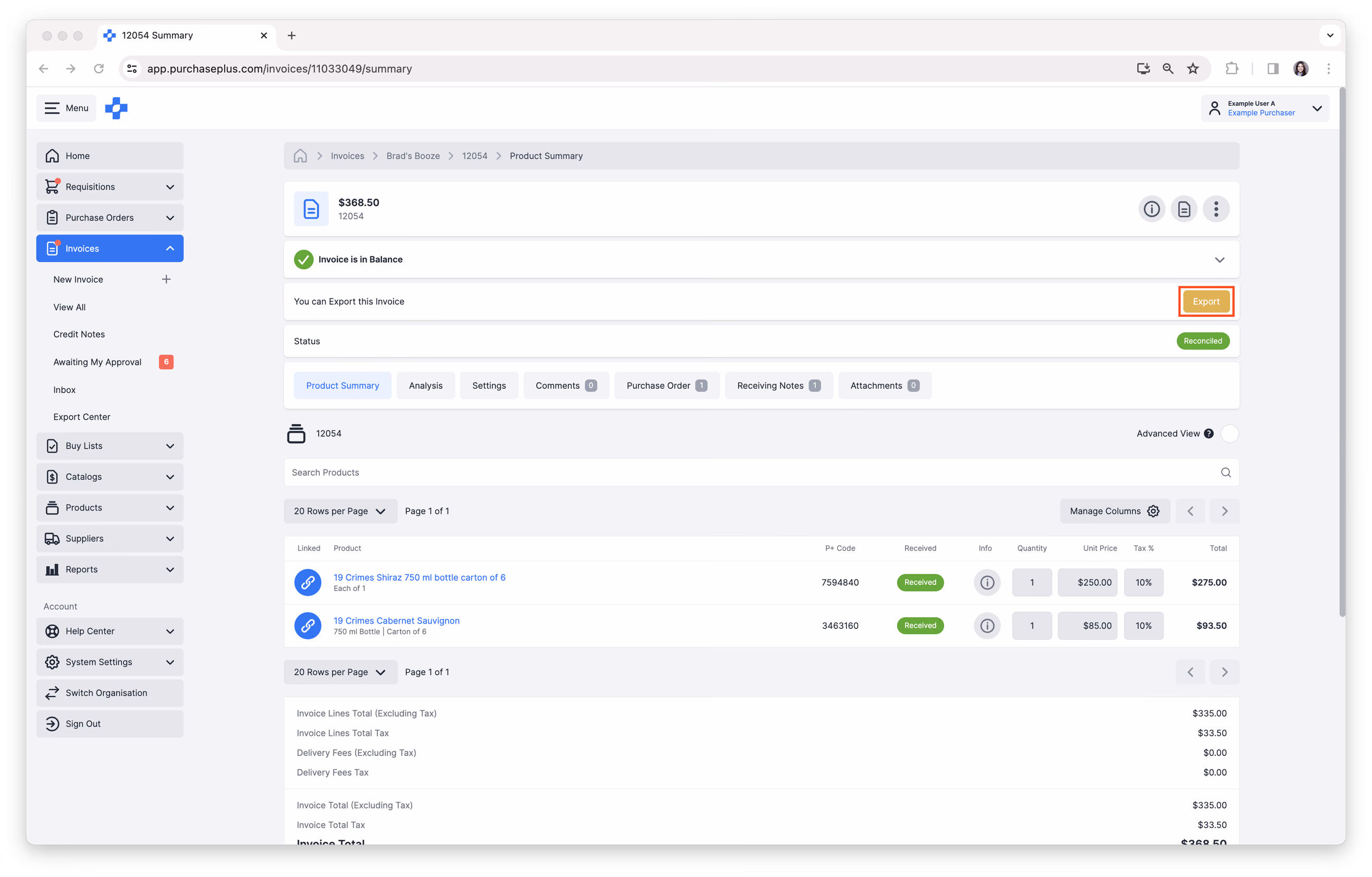 Click Export to Export Invoice to AP System