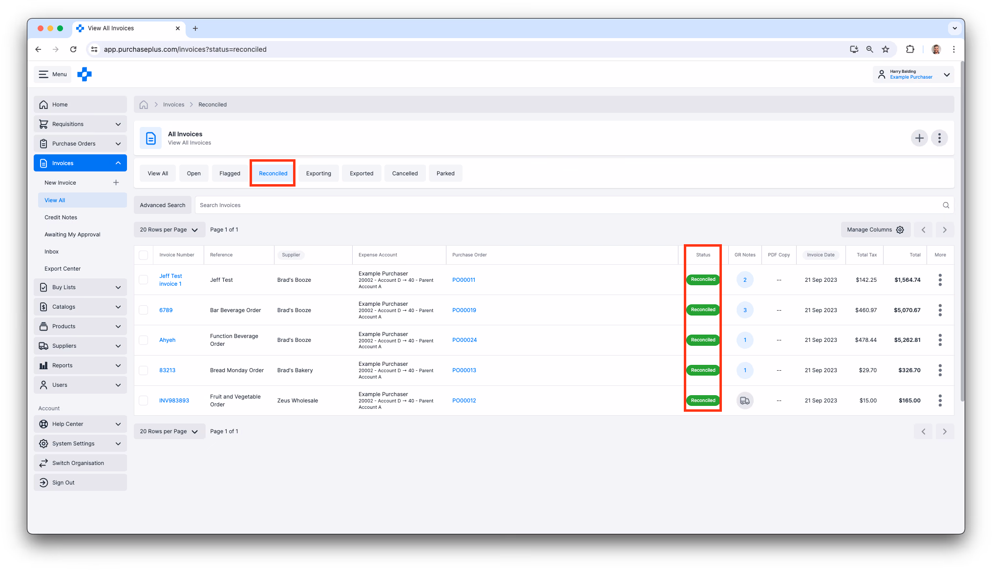 View Reconciled Invoices Type A Org