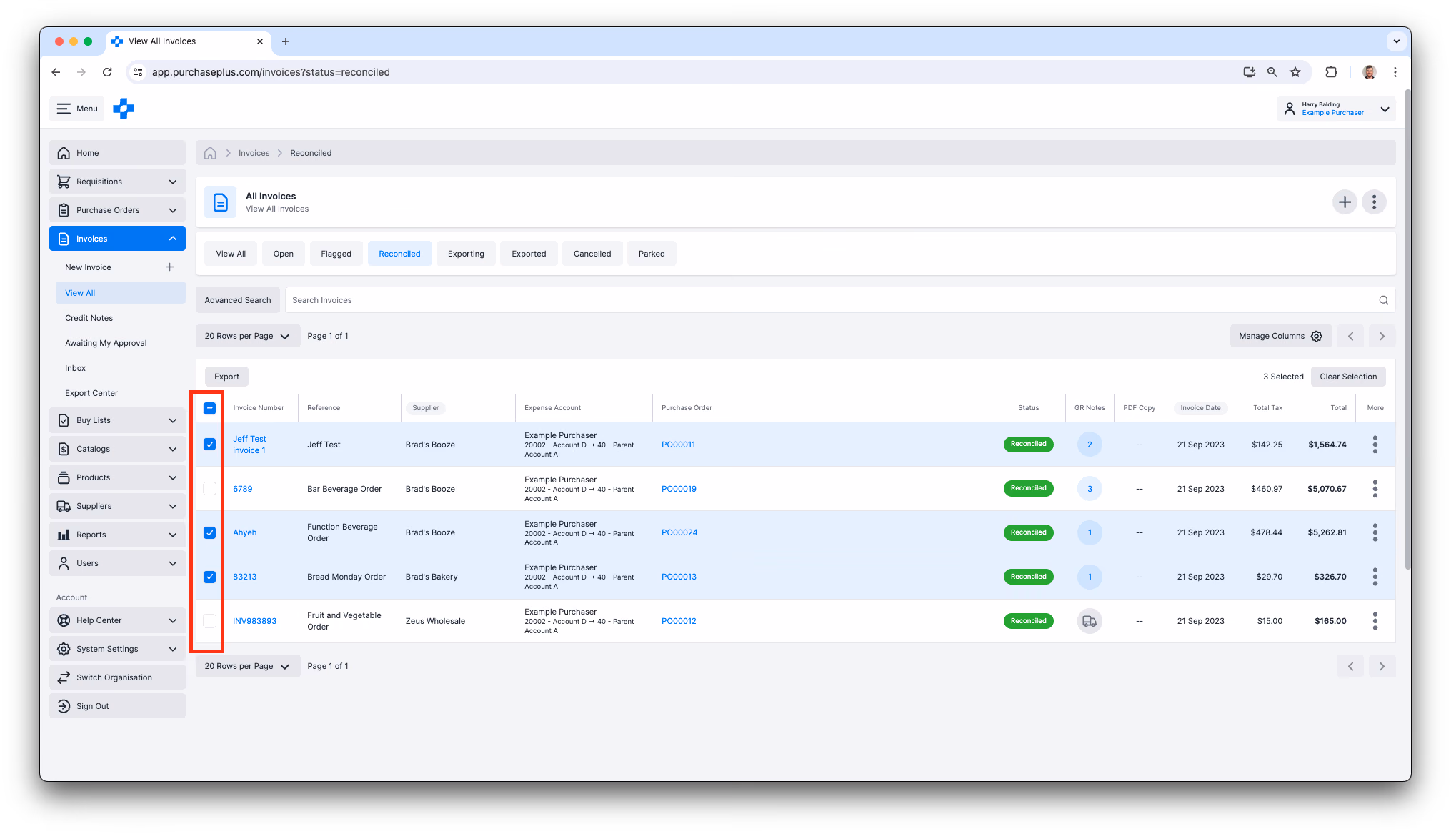 Select multiple reconciled invoices