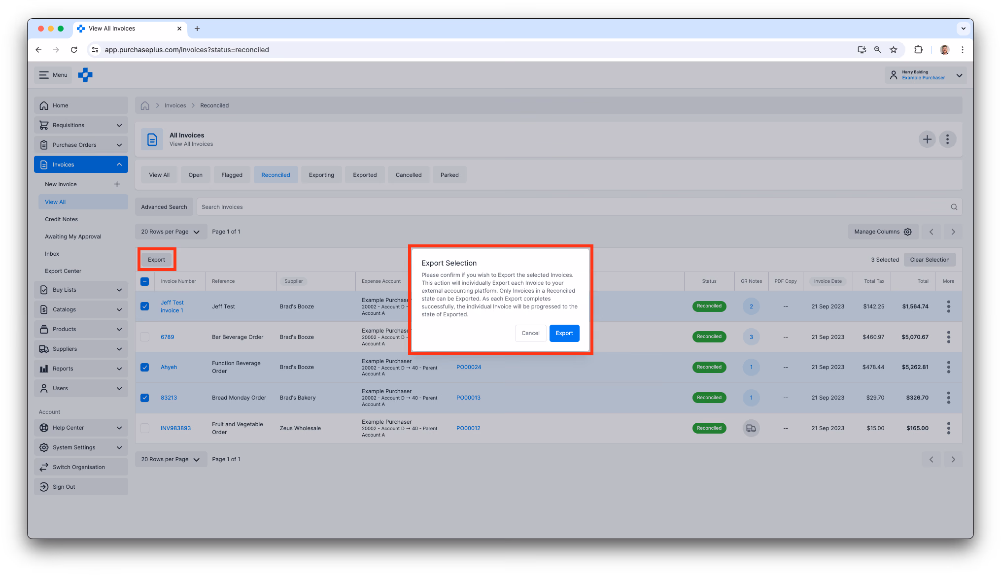 Export invoices in bulk Type A Organisation