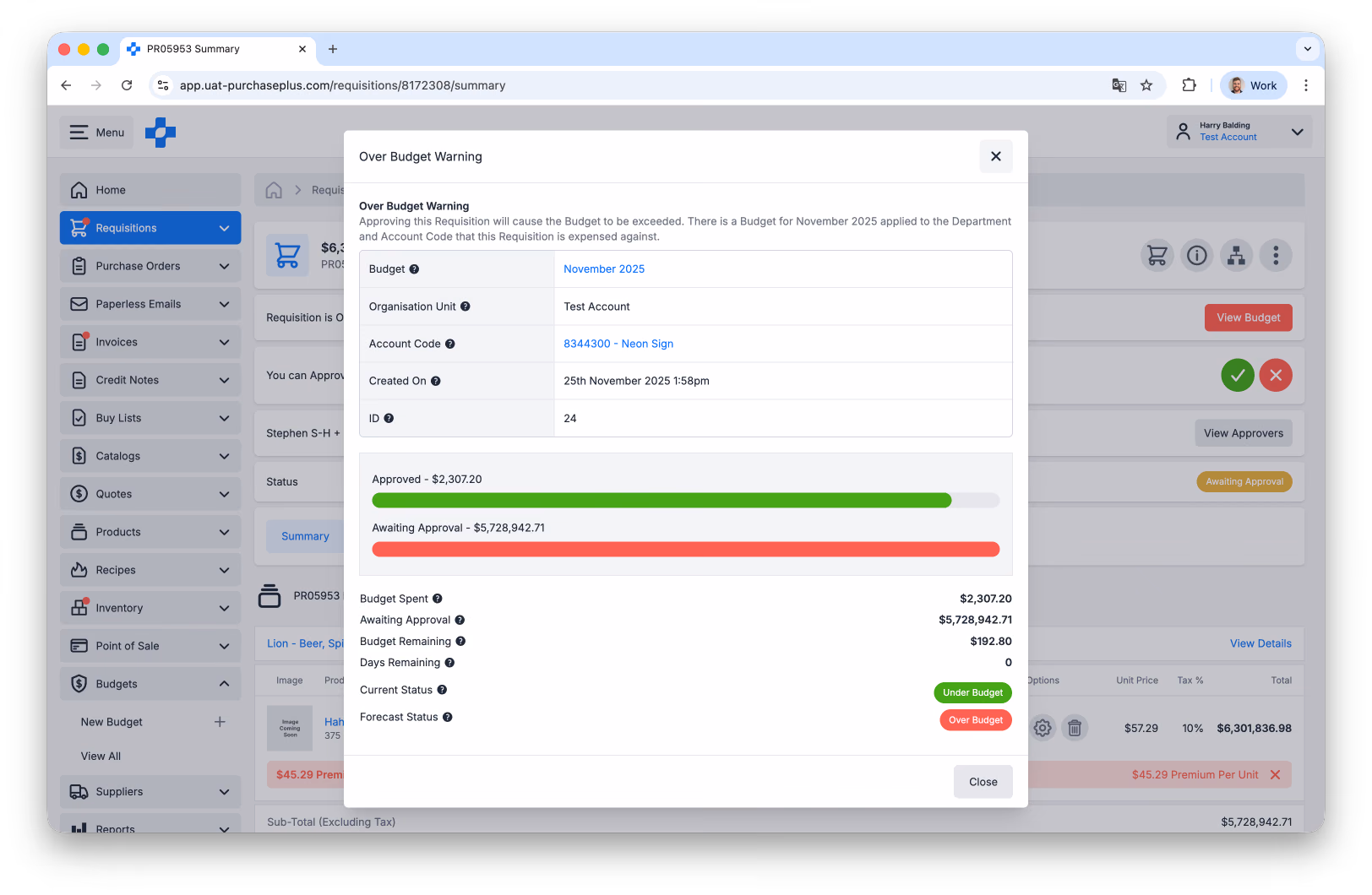 View Budget on a Requisition