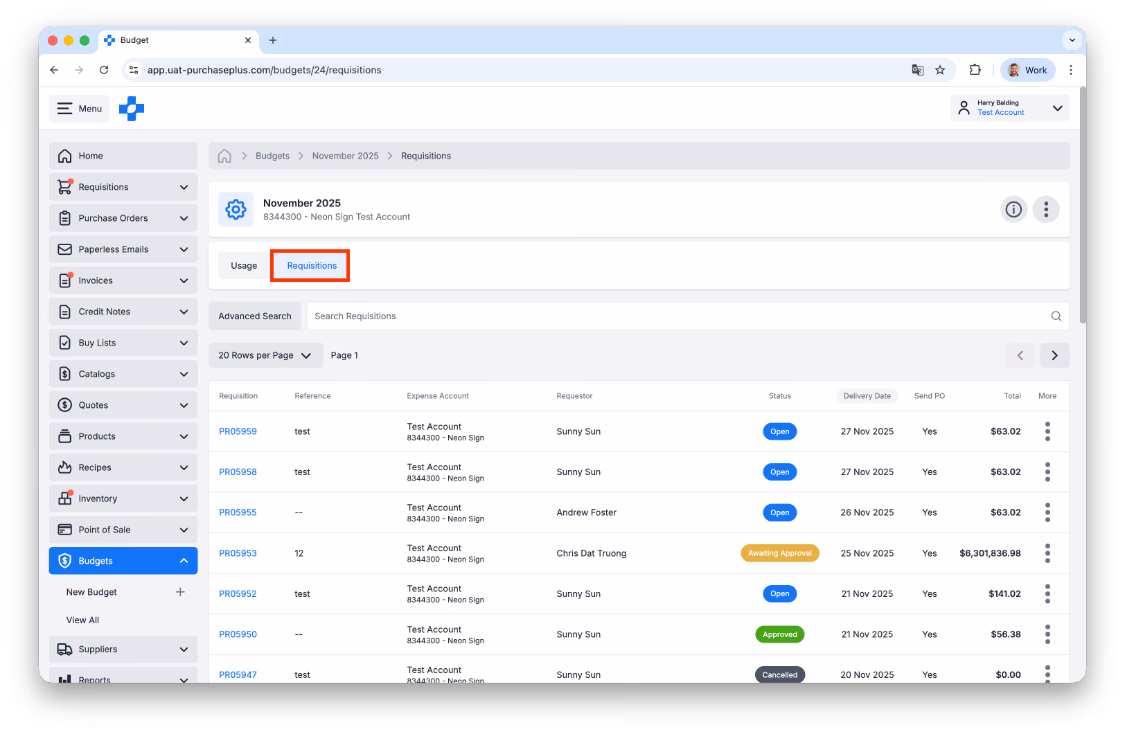View a Budgets Requisitions