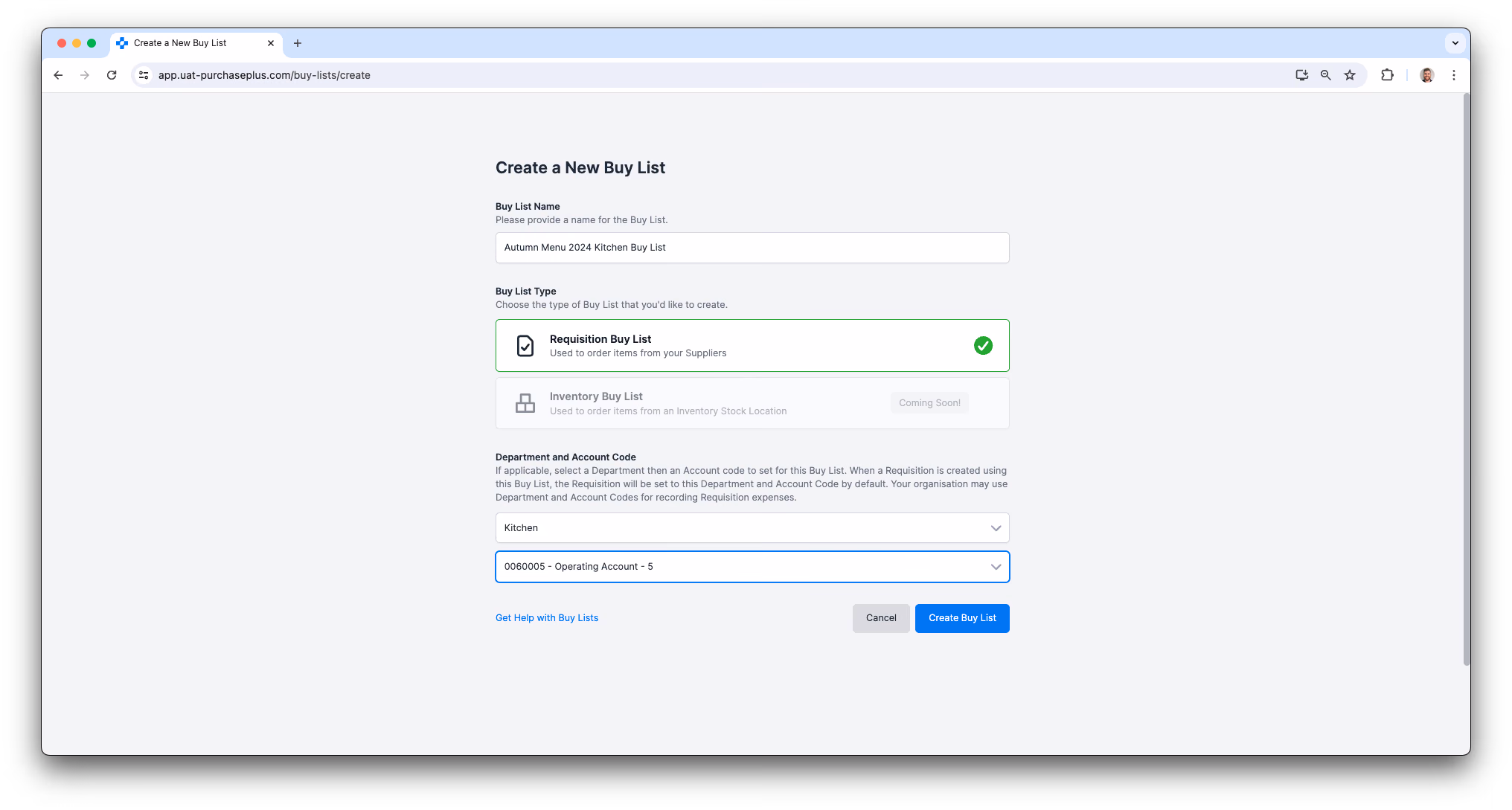 Creating a New Buy List in PurchasePlus
