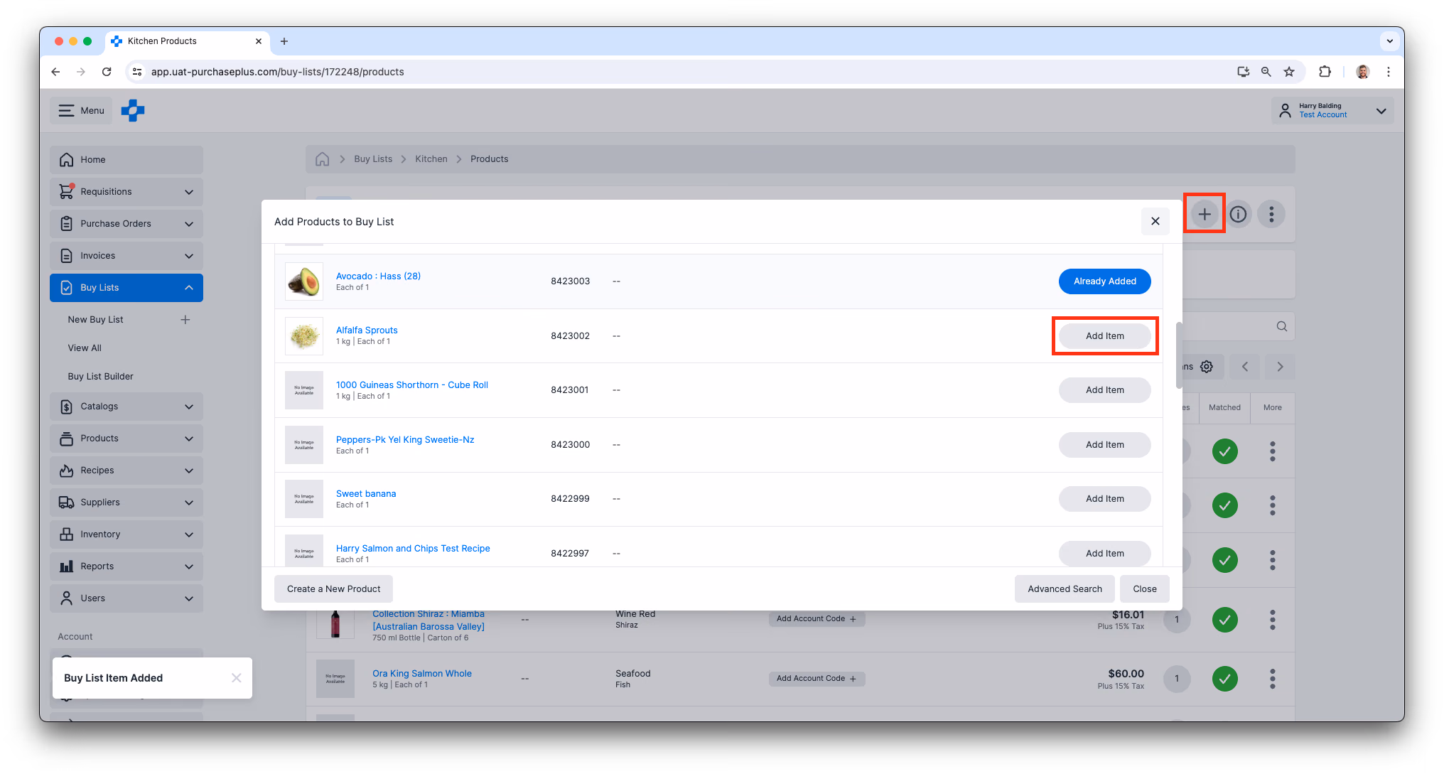 Adding a Product to a Buy List in PurchasePlus