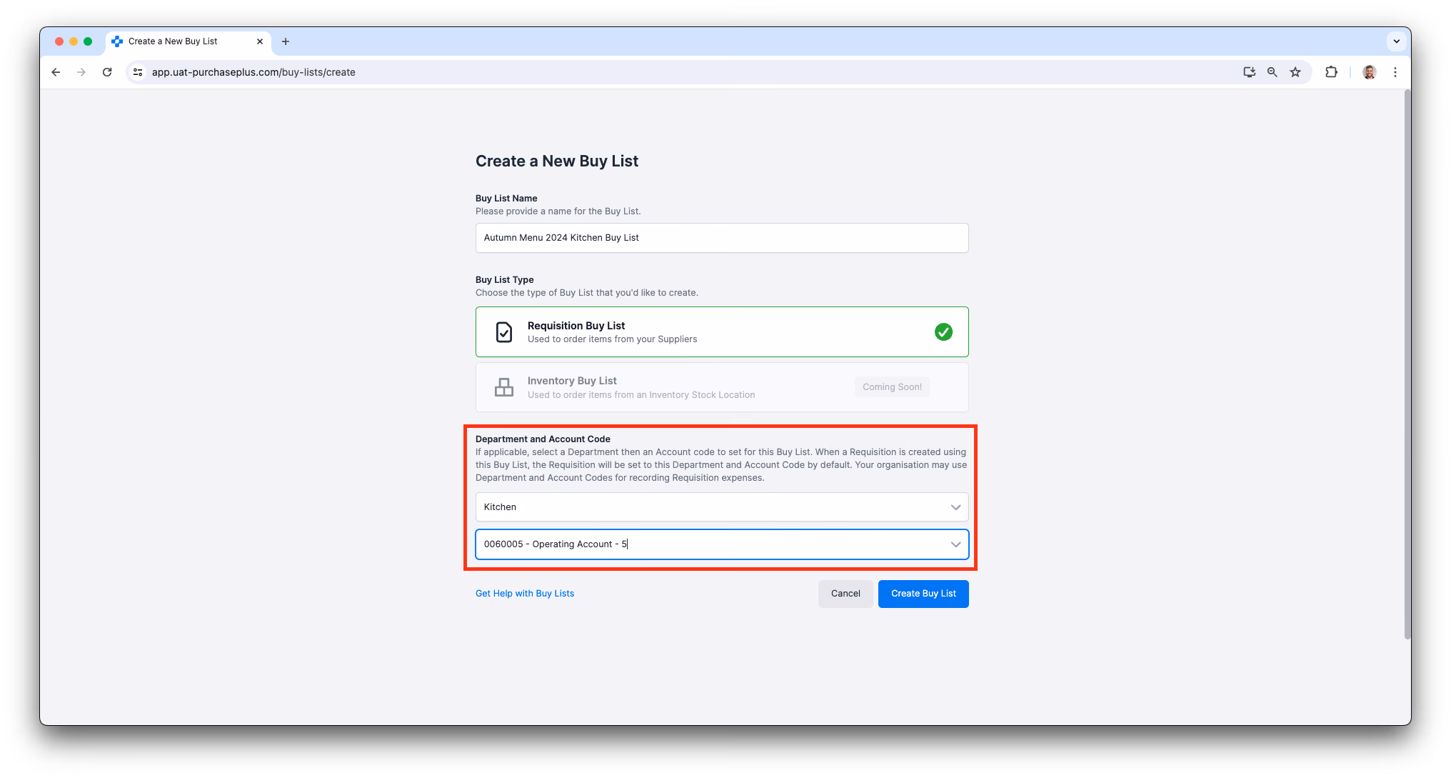 Adding a default Department and Account Code for a Buy List in PurchasePlus