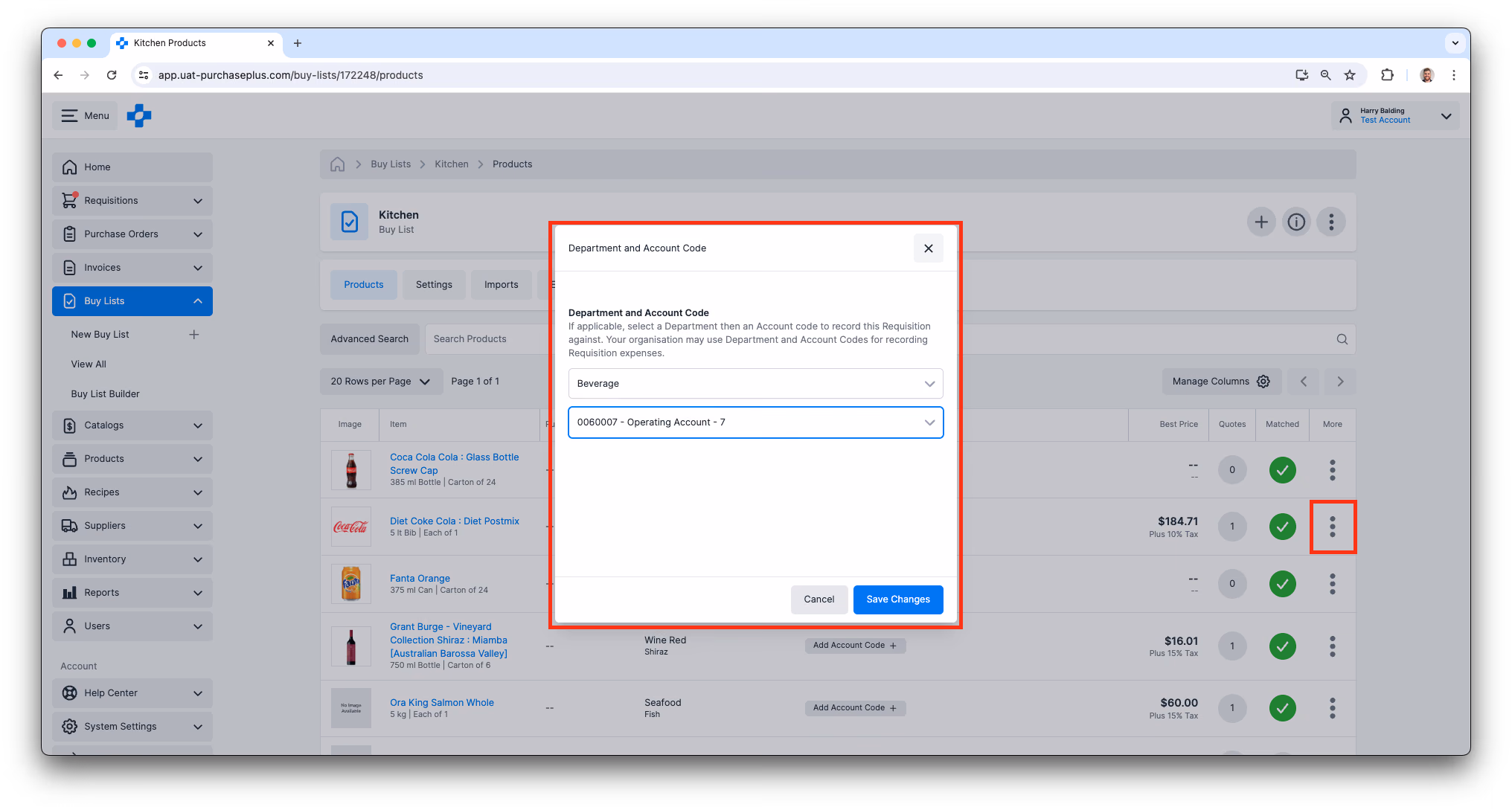 Adding a Department and Account Code to a Buy List item in PurchasePlus