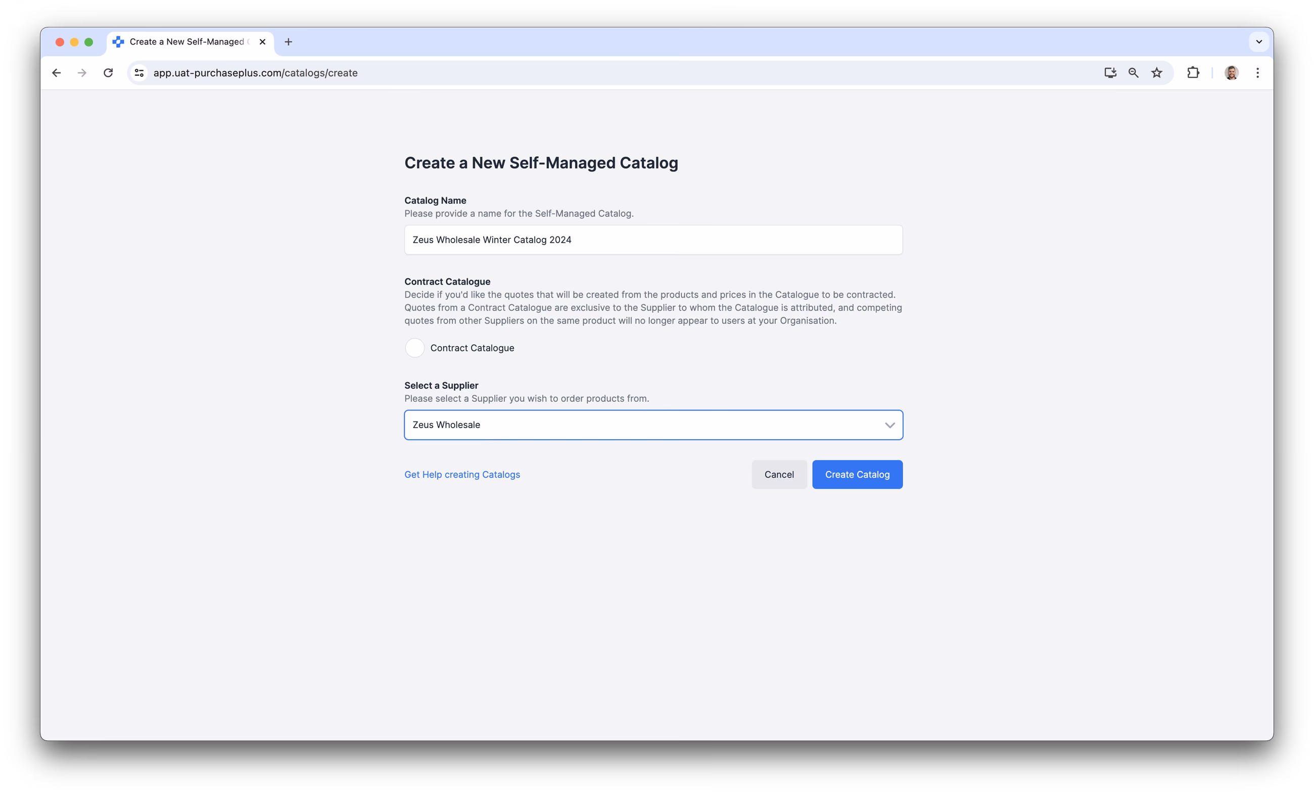 Create a new Self Managed catalog in PurchasePlus