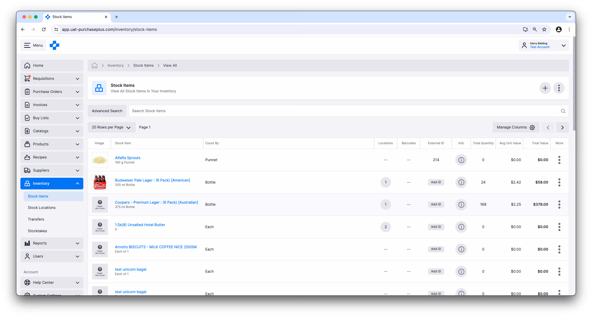 All Stock Items view in PurchasePlus