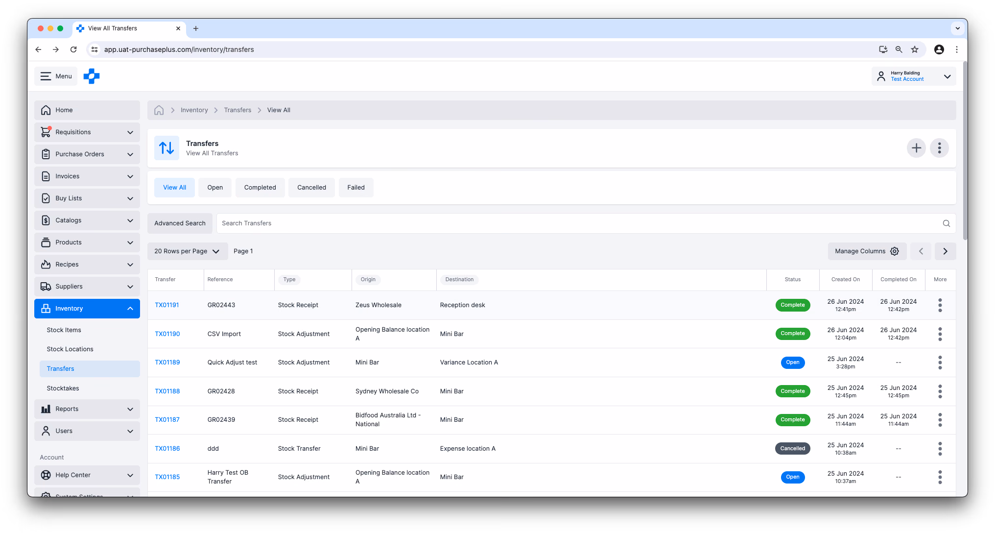 All Transfers view in PurchasePlus