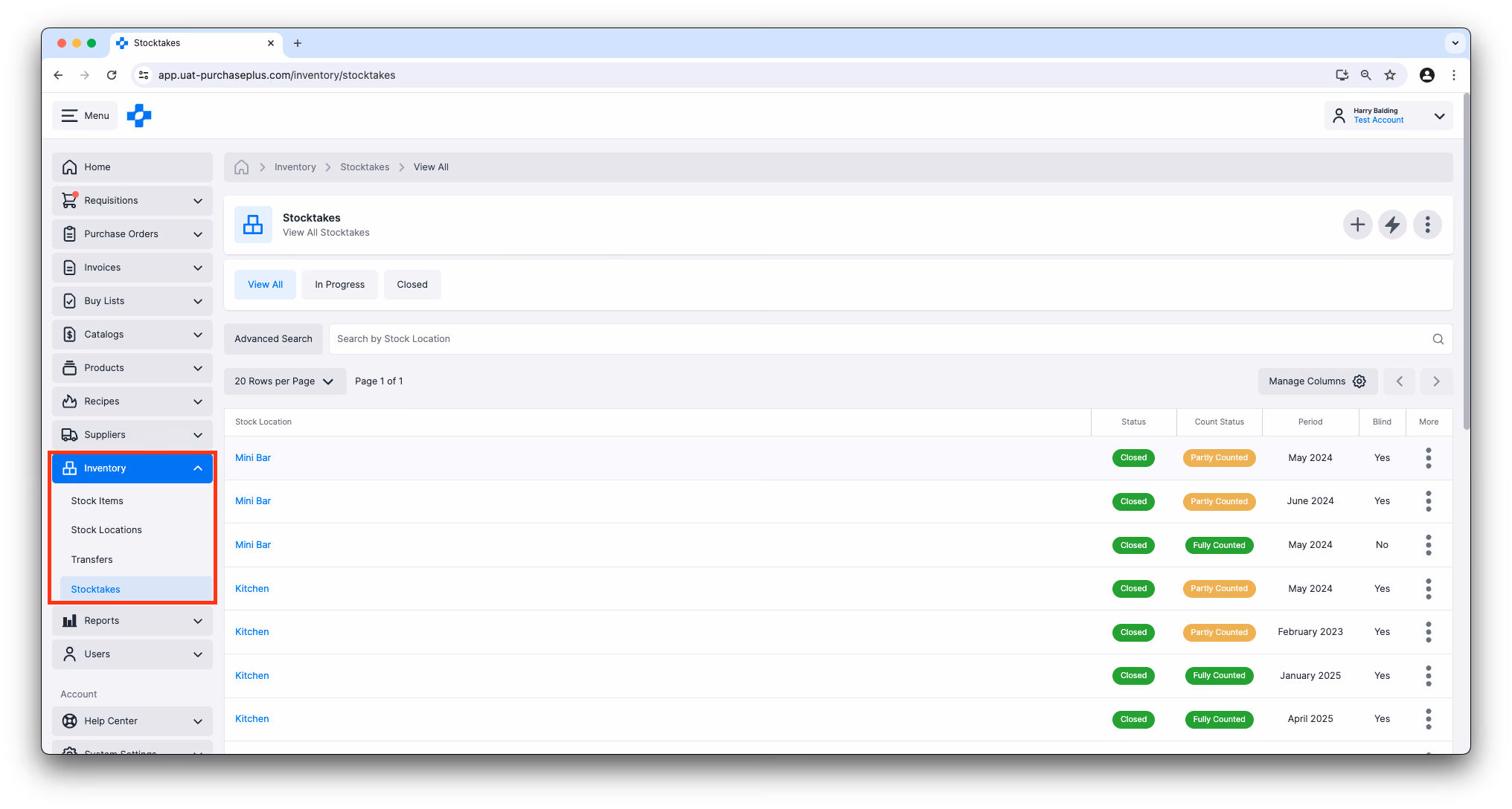 Visualizza tutti gli inventari in PurchasePlus