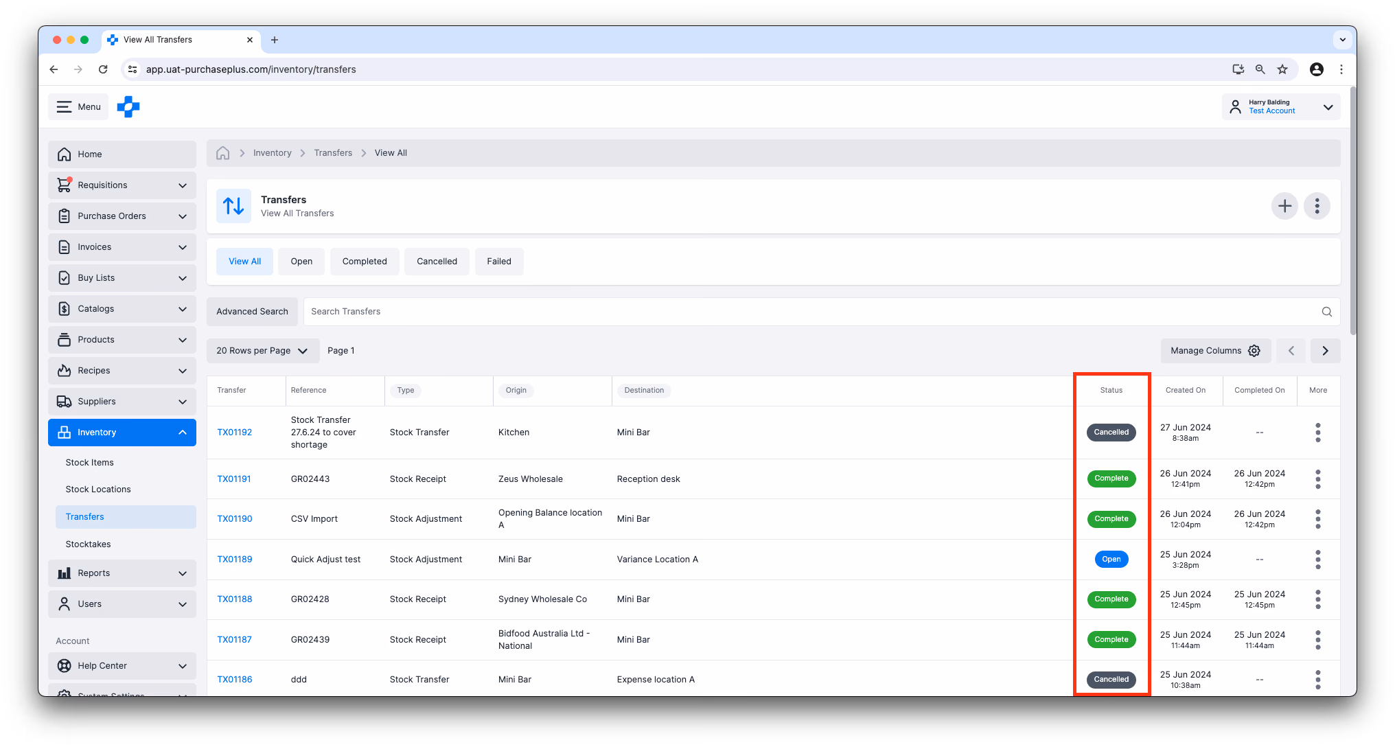 Umlagerungsstatus in PurchasePlus