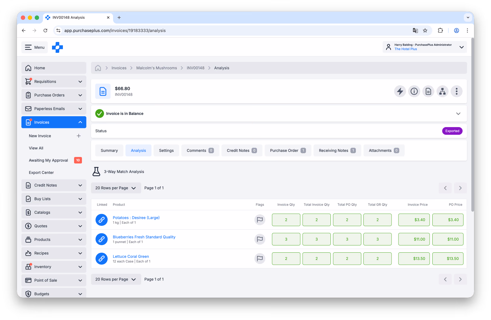 Invoice Analysis tab