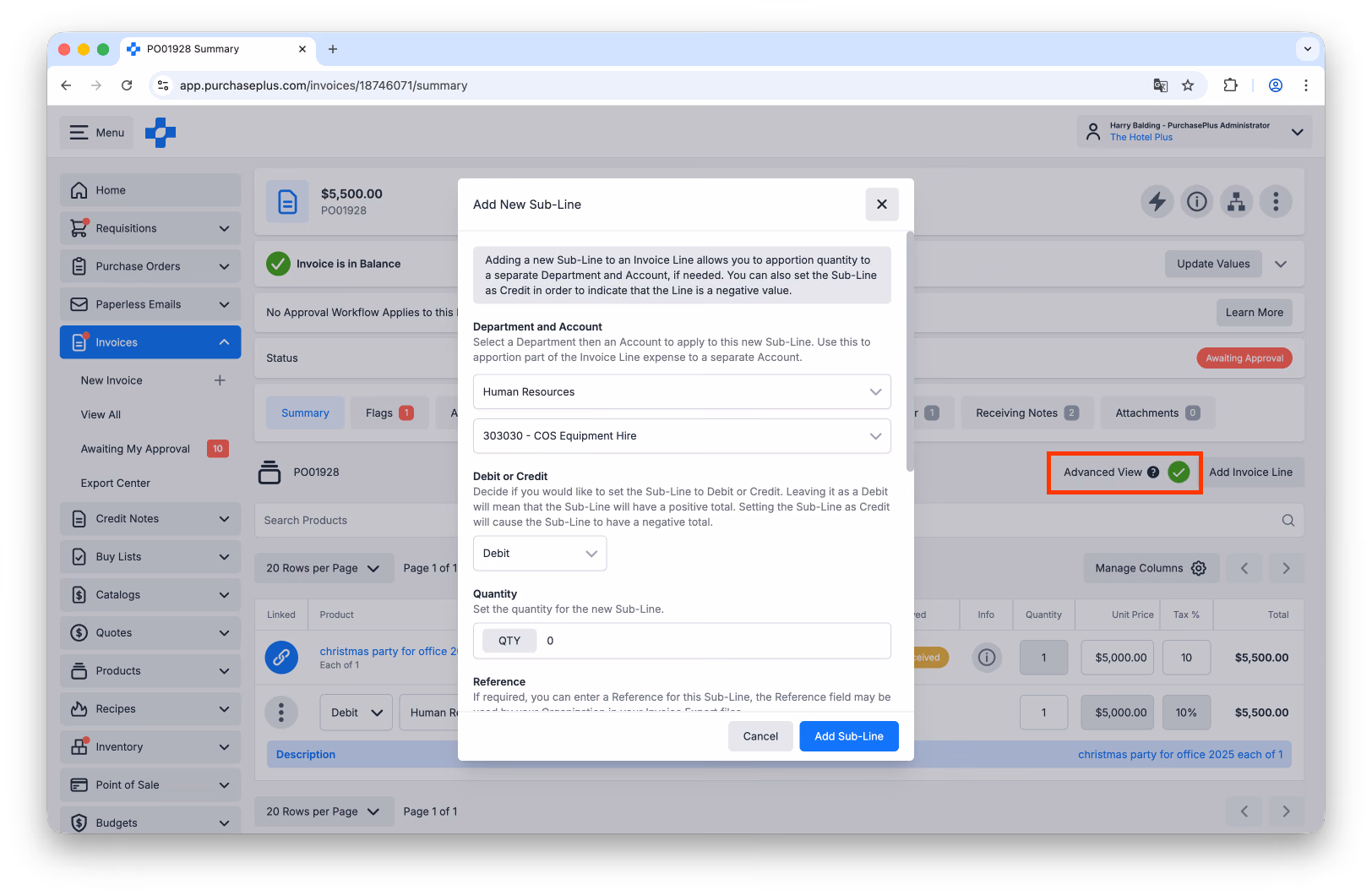 Advanced Mode invoice view