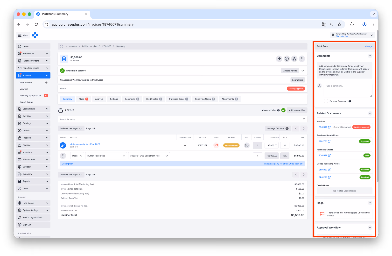 Invoice Quick View Panel