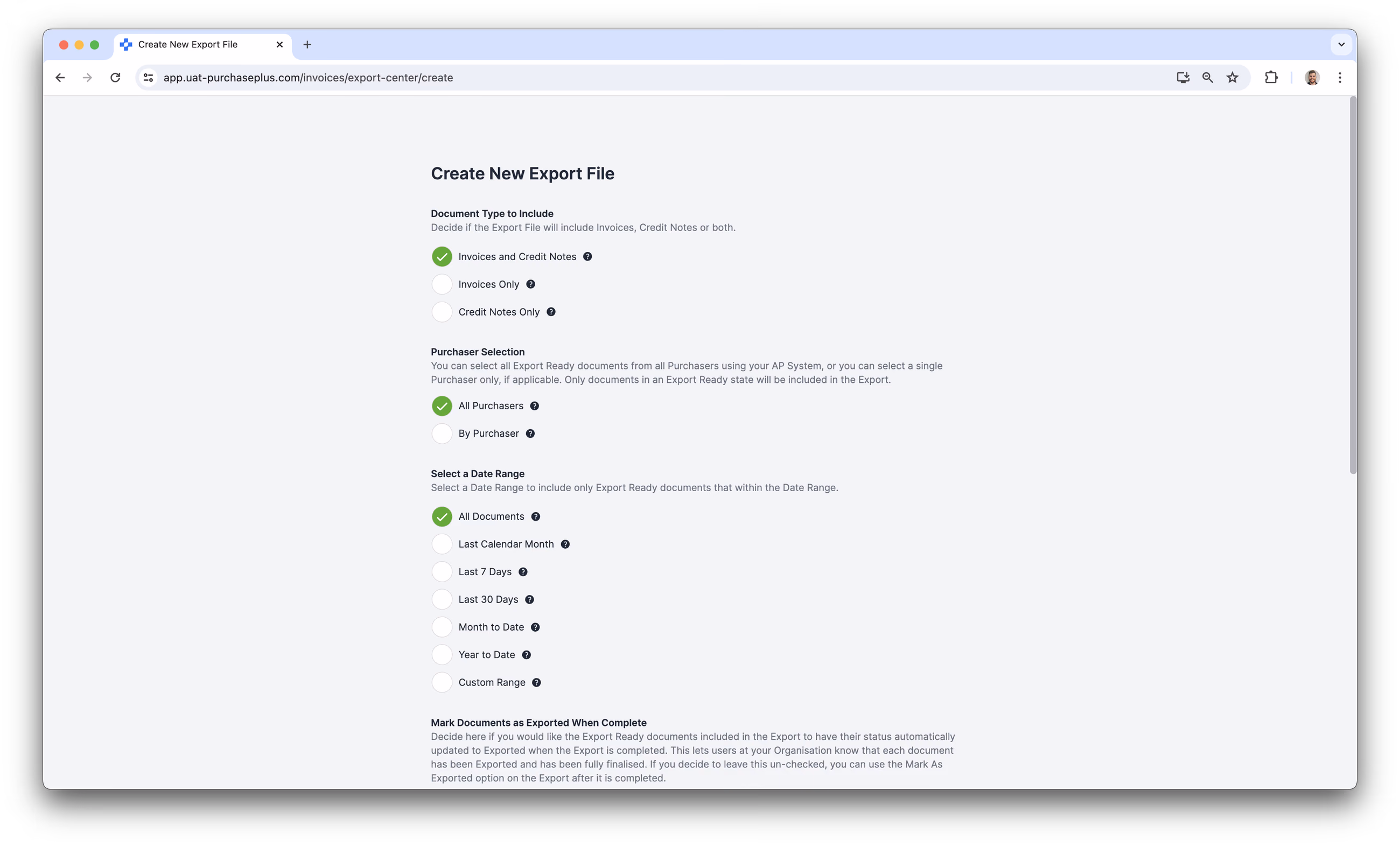 Creating an Invoice and Credit Note Export File in PurchasePlus
