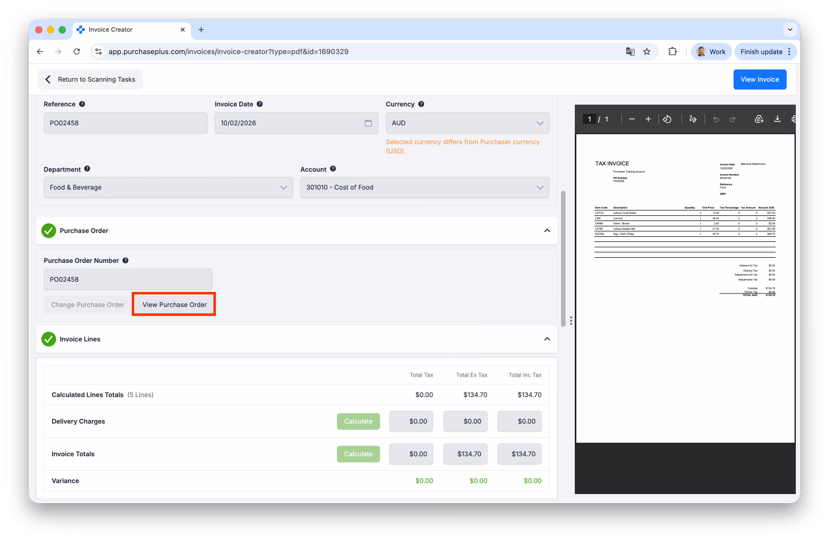 Automatically matched Purchase Order on a scan
